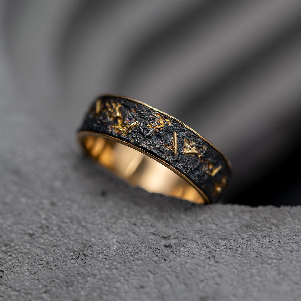 Oxidized Silver & 18k Gold Lava Texture Ring - Handmade Rustic Wedding Band