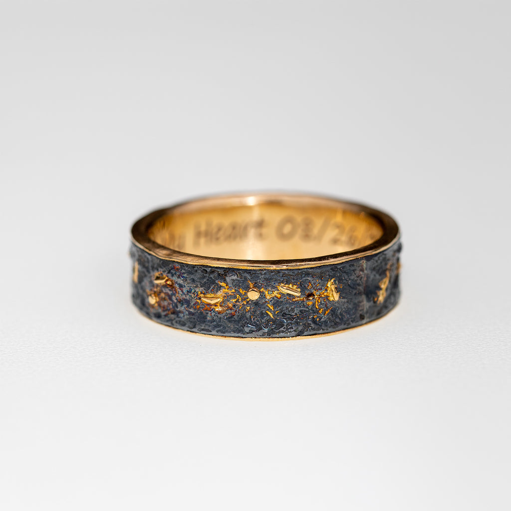 Oxidized Silver & 18k Gold Lava Texture Ring - Handmade Rustic Wedding Band