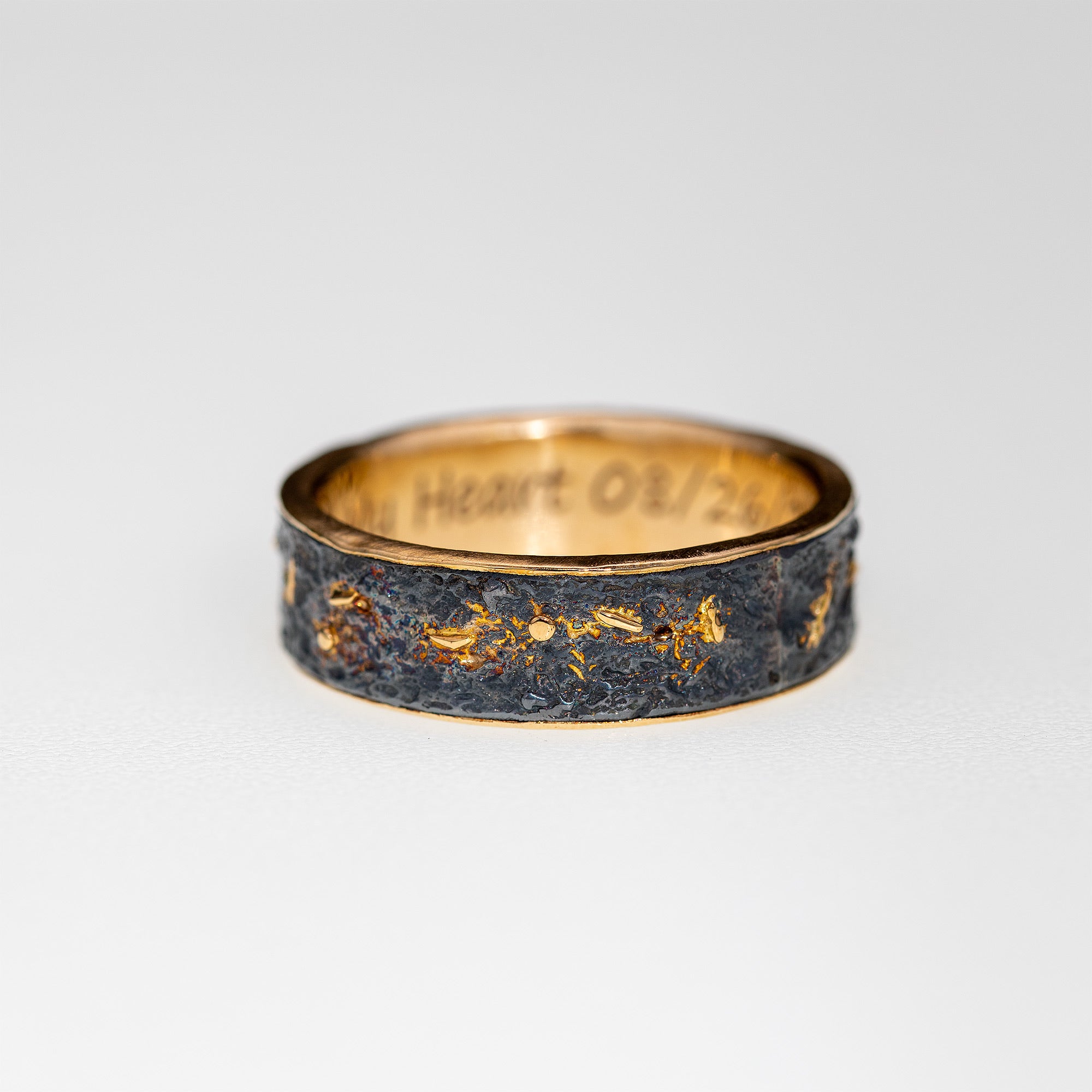 Oxidized Silver & 18k Gold Lava Texture Ring - Handmade Rustic Wedding Band