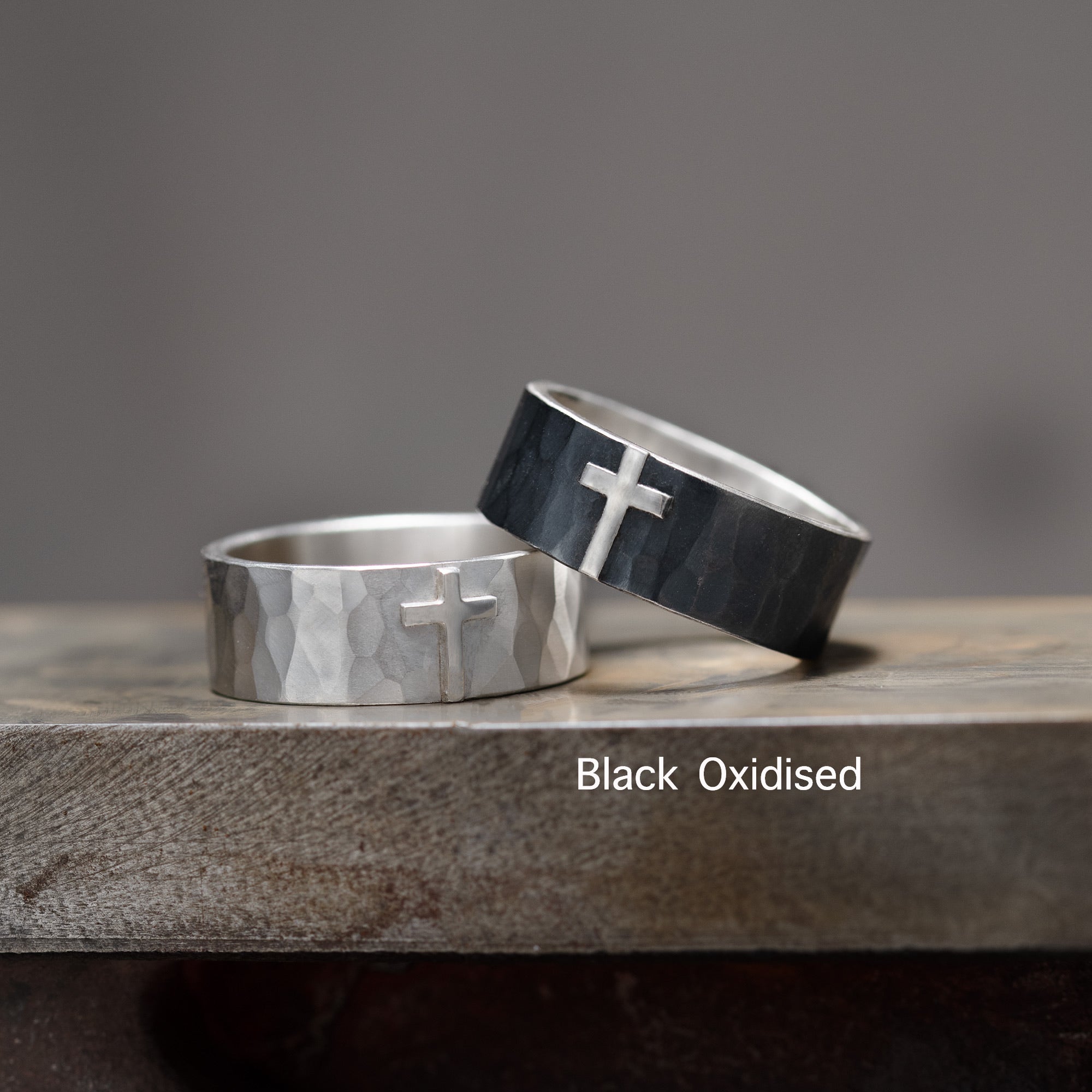 Gold Cross Faceted Silver Ring, Mixed Metal Cross Band with Geometric Hammered Texture