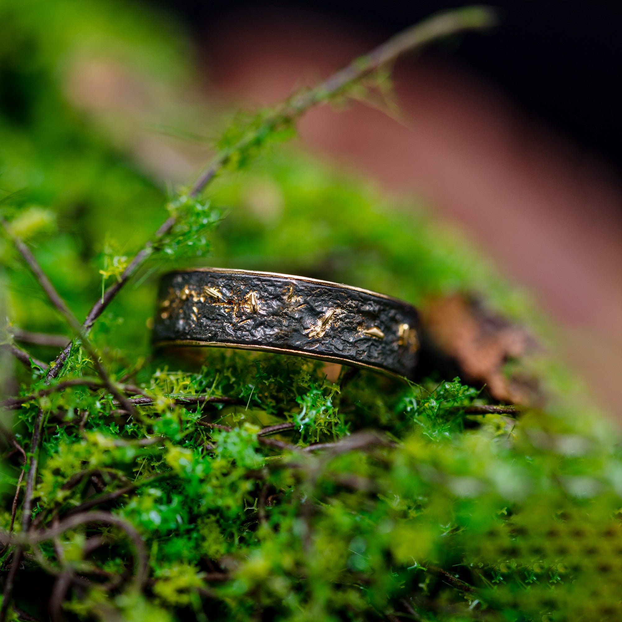 Oxidized Silver & 18k Gold Lava Texture Ring - Handmade Rustic Wedding Band