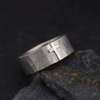 Gold Cross Faceted Silver Ring, Mixed Metal Cross Band with Geometric Hammered Texture