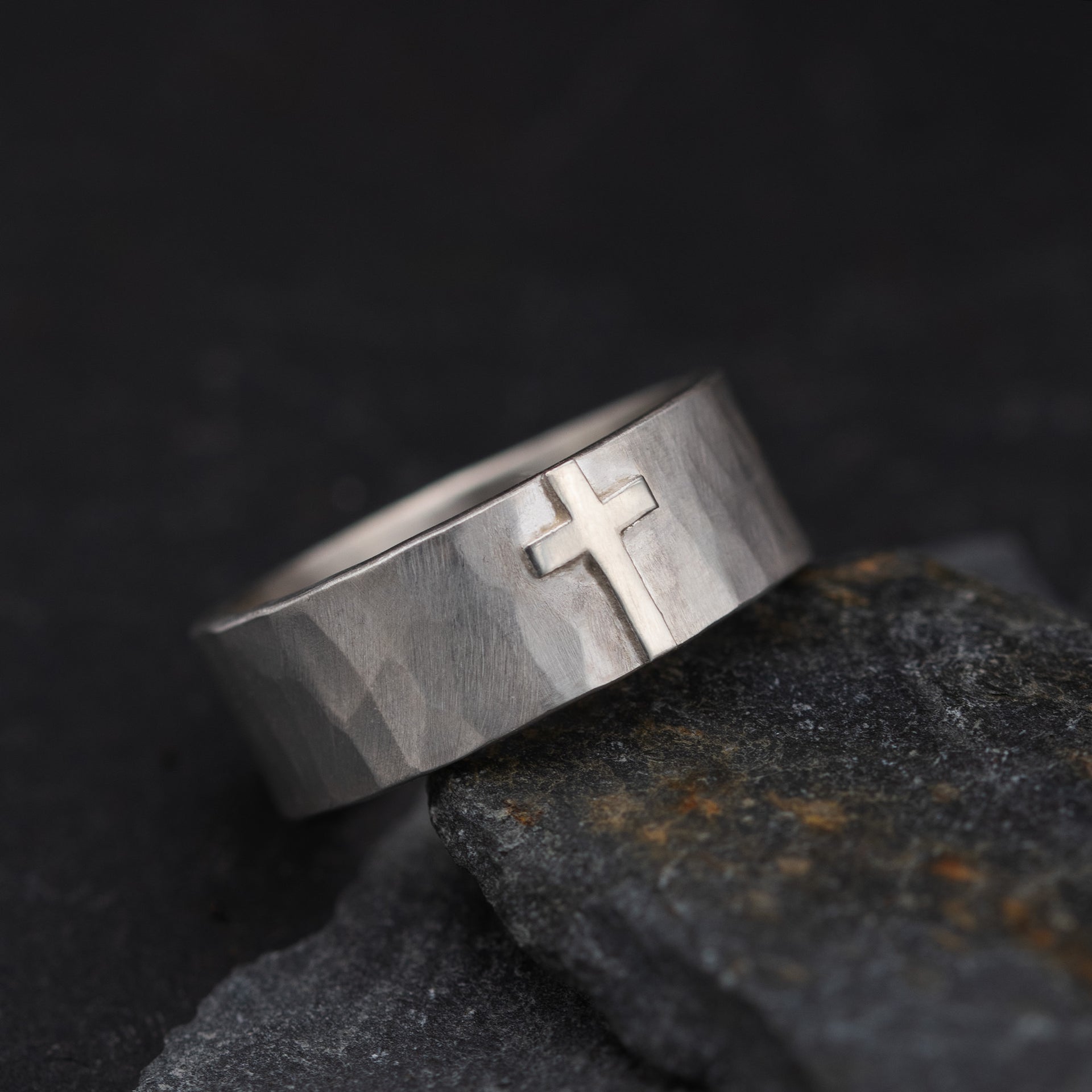 Gold Cross Faceted Silver Ring, Mixed Metal Cross Band with Geometric Hammered Texture