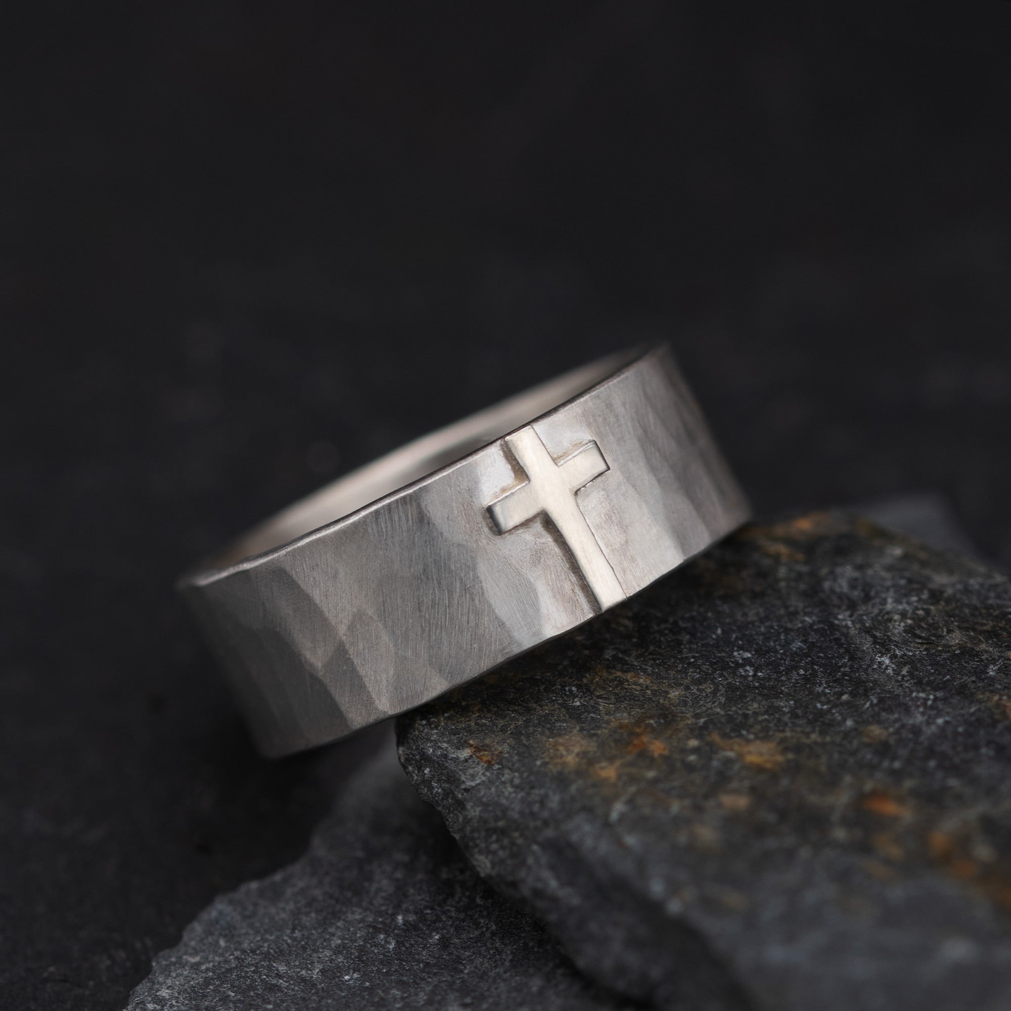 Gold Cross Faceted Silver Ring, Mixed Metal Cross Band with Geometric Hammered Texture