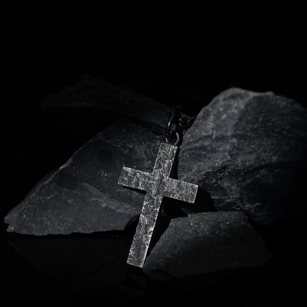 Rock texture Silver Cross Man's Necklace / Father's Day gift/Black Rustic Handmade masculine cross Pendant