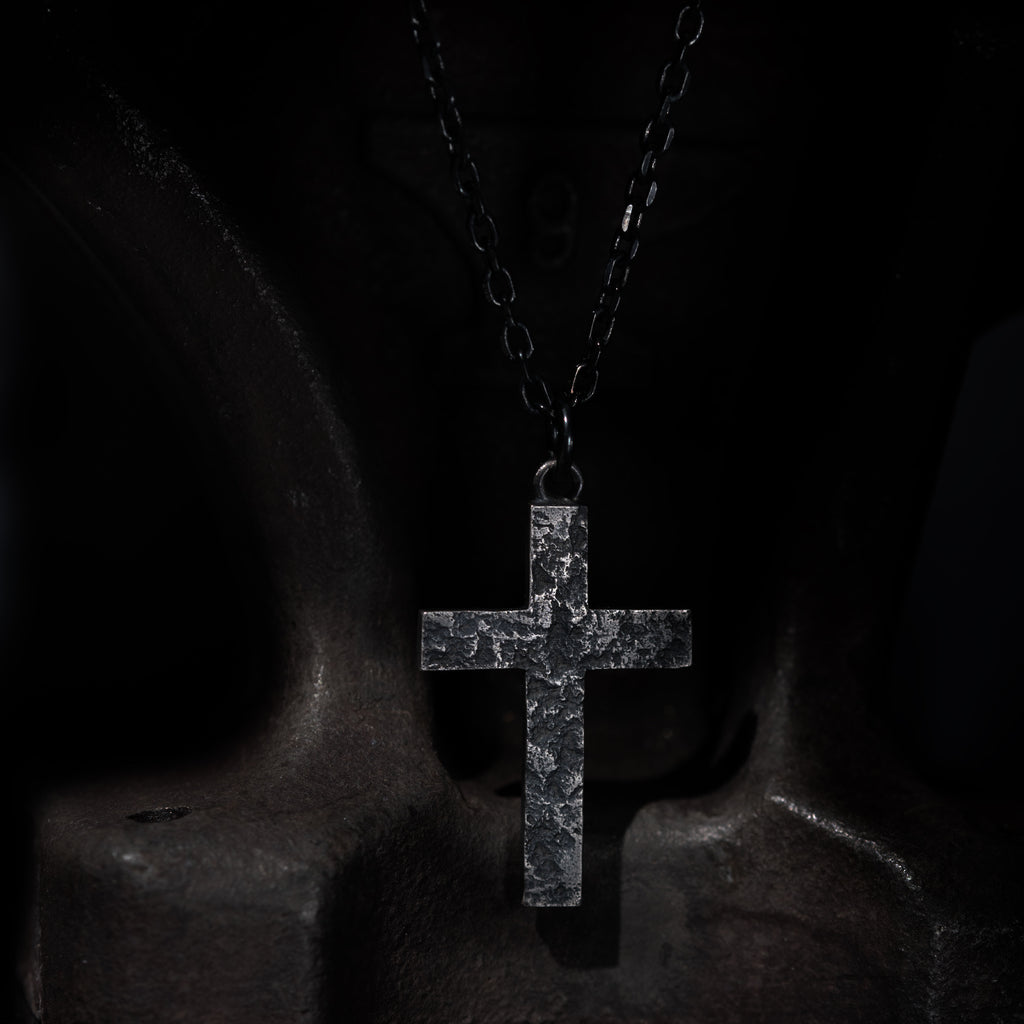 Rock texture Silver Cross Man's Necklace / Father's Day gift/Black Rustic Handmade masculine cross Pendant