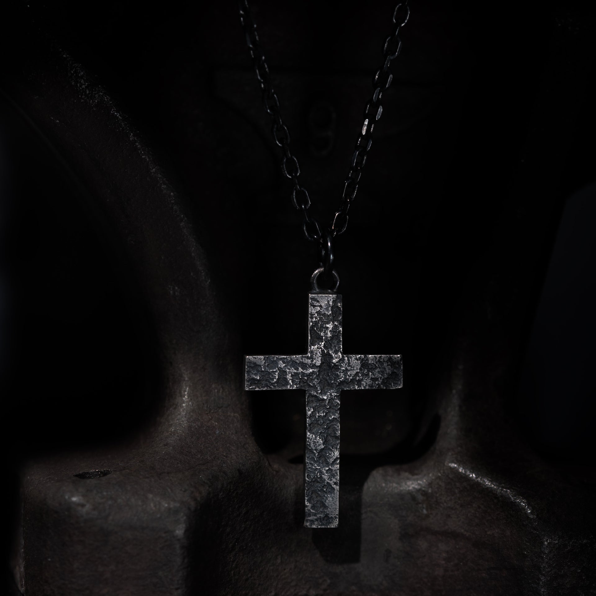Rustic Cross Pendant Necklace with Rock Texture, S925 Religious Jewelry