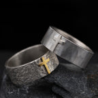 Gold Cross Faceted Silver Ring, Mixed Metal Cross Band with Geometric Hammered Texture