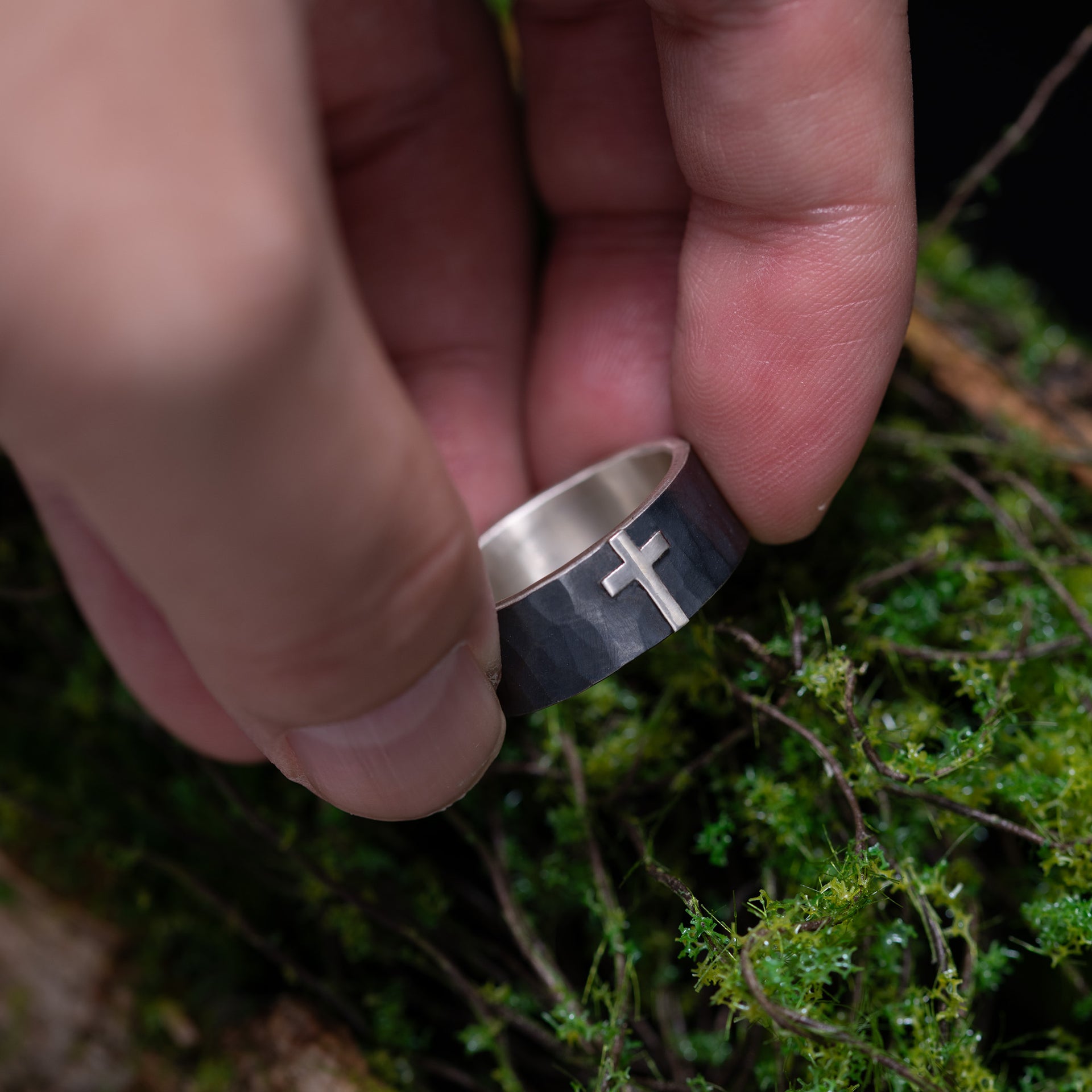 Gold Cross Faceted Silver Ring, Mixed Metal Cross Band with Geometric Hammered Texture