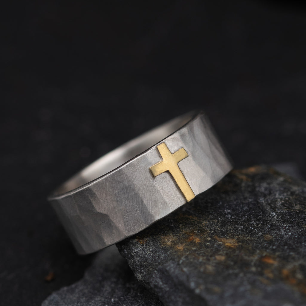 Gold Cross Faceted Silver Ring, Mixed Metal Cross Band with Geometric Hammered Texture