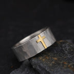 Gold Cross Faceted Silver Ring, Mixed Metal Cross Band with Geometric Hammered Texture