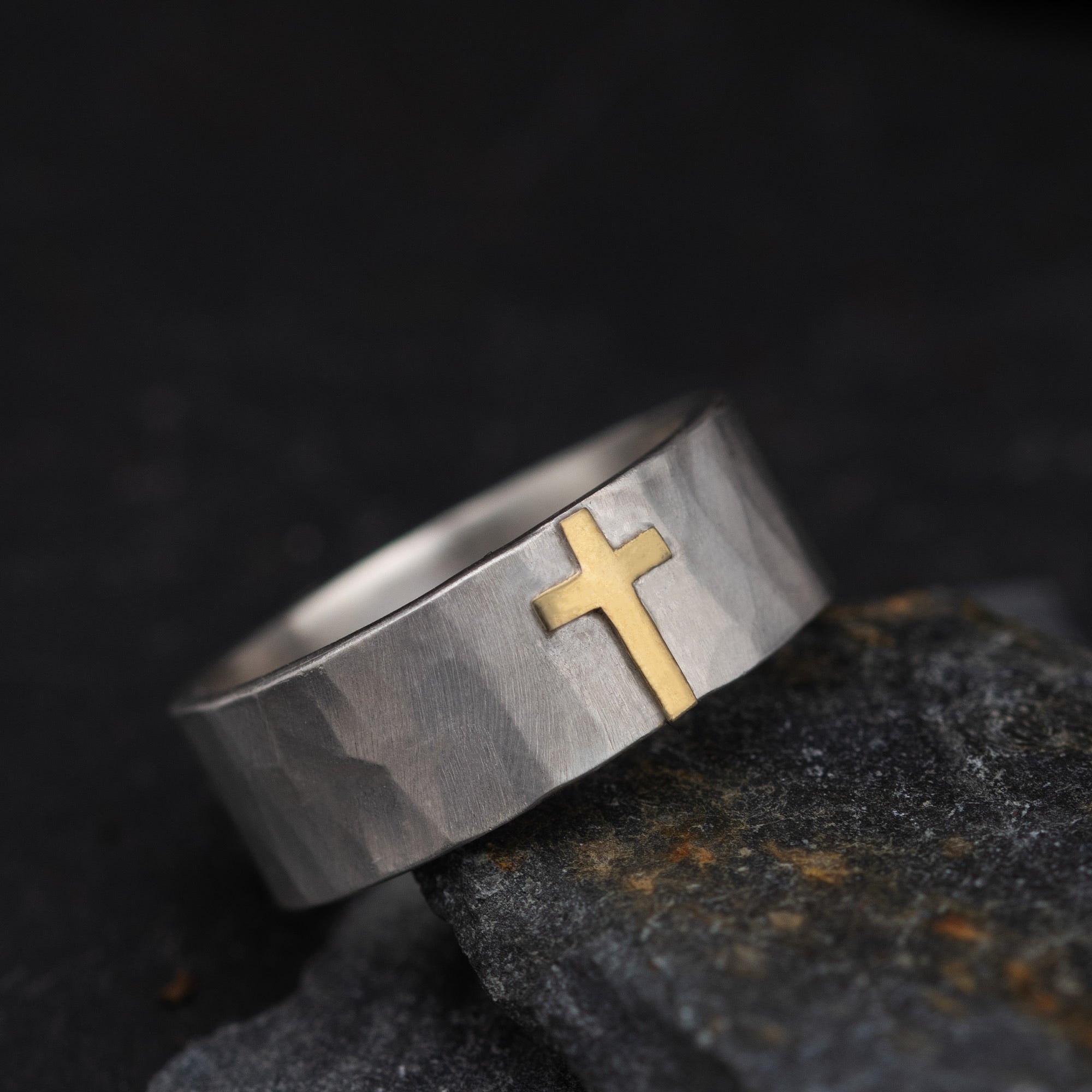 Gold Cross Faceted Silver Ring, Mixed Metal Cross Band with Geometric Hammered Texture