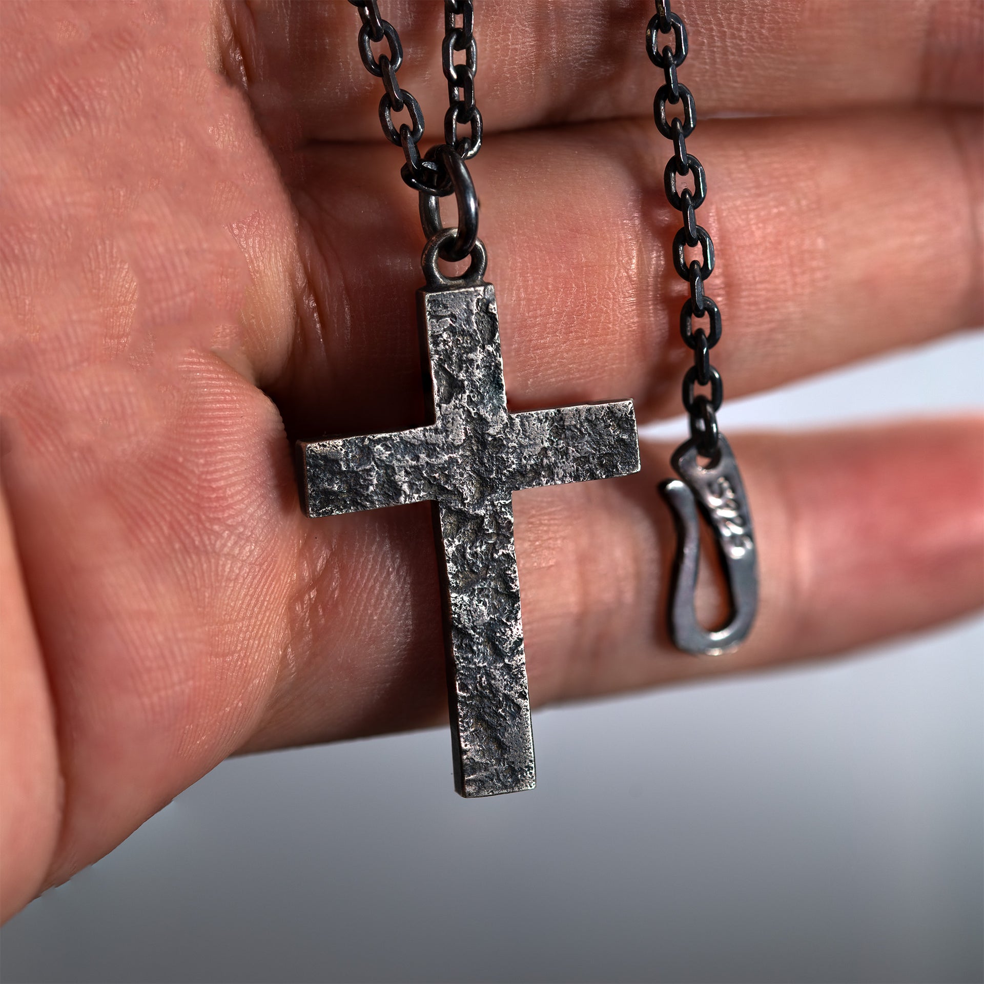 Rustic Cross Pendant Necklace with Rock Texture, S925 Religious Jewelry