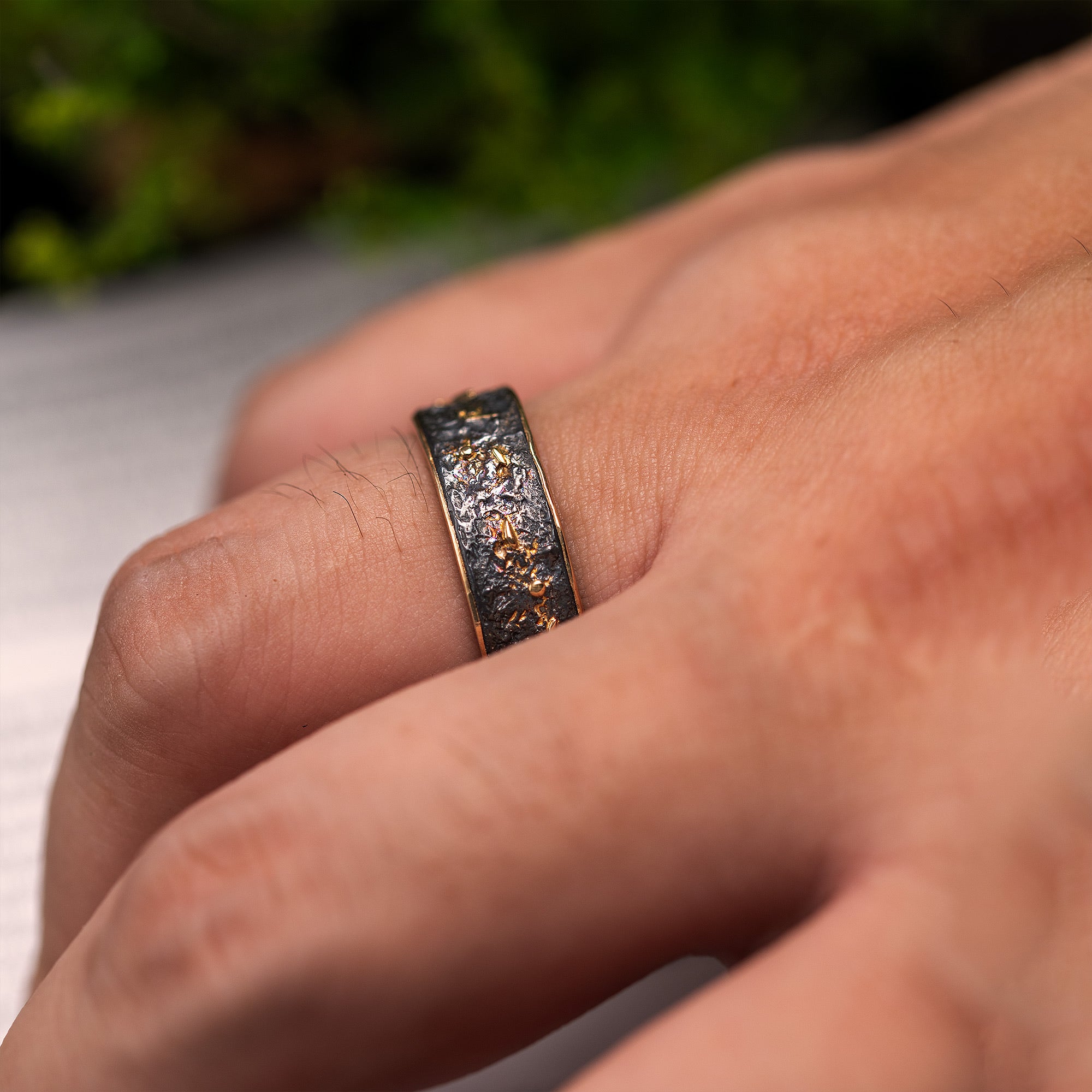 Oxidized Silver & 18k Gold Lava Texture Ring - Handmade Rustic Wedding Band