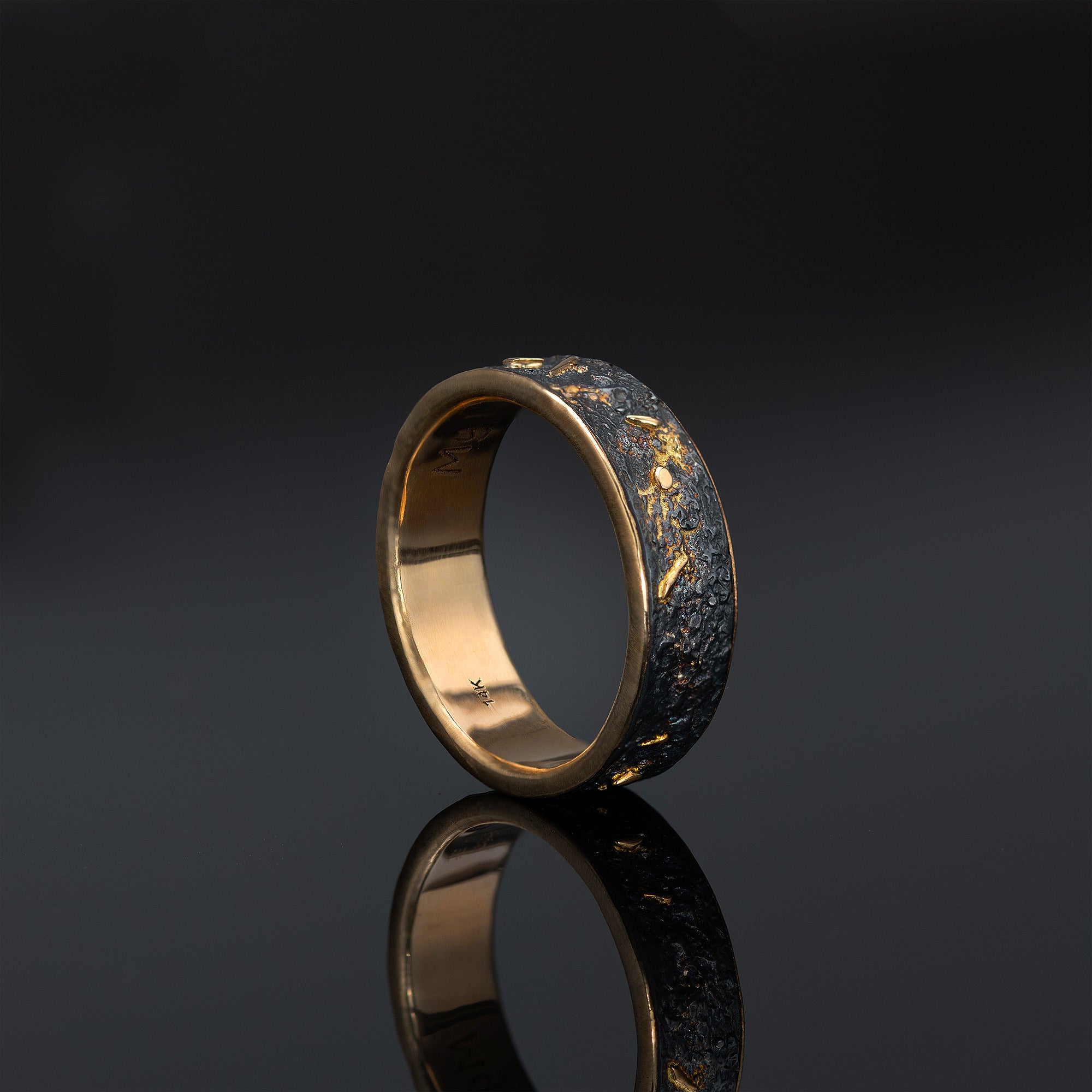Oxidized Silver & 18k Gold Lava Texture Ring - Handmade Rustic Wedding Band