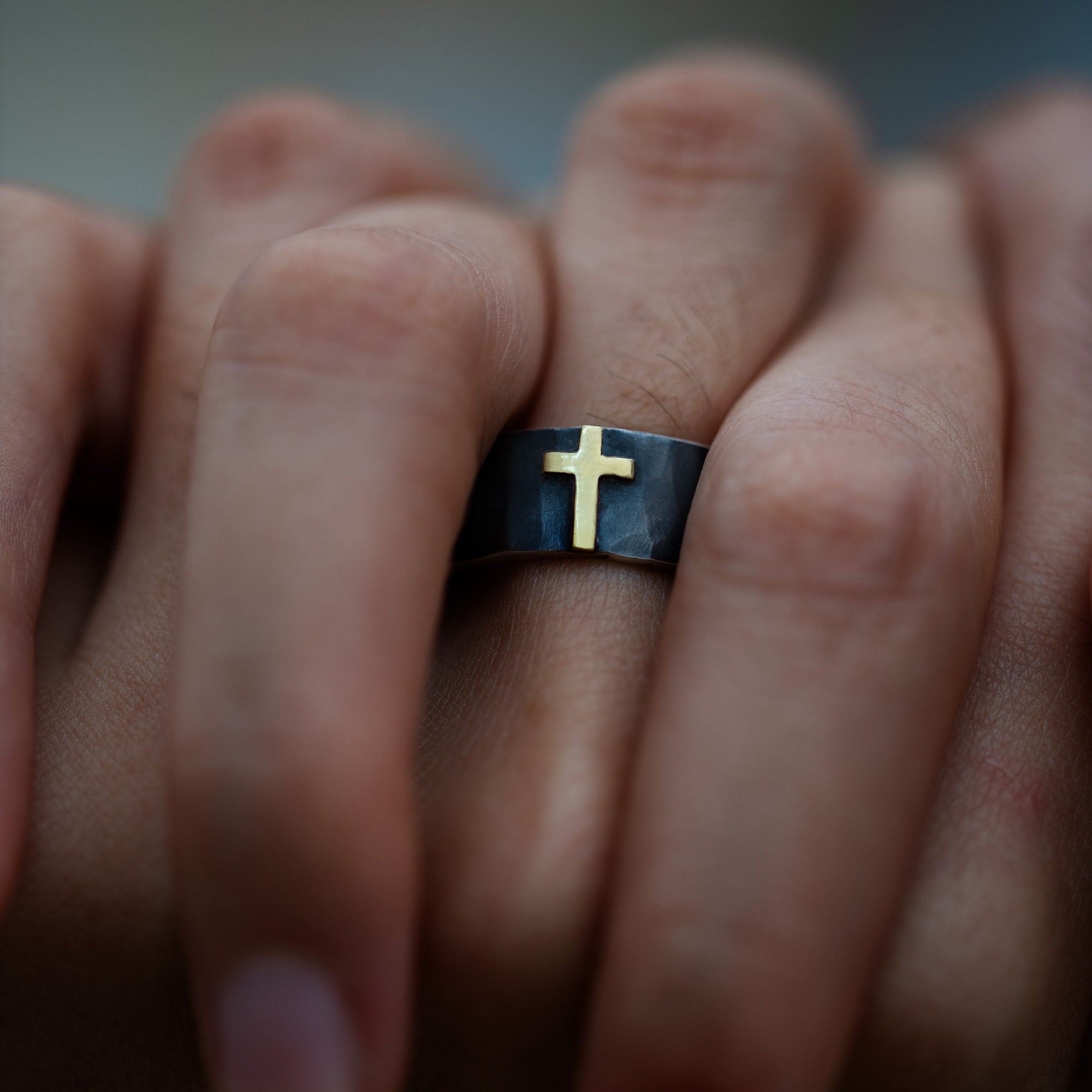 Gold Cross Faceted Silver Ring, Mixed Metal Cross Band with Geometric Hammered Texture