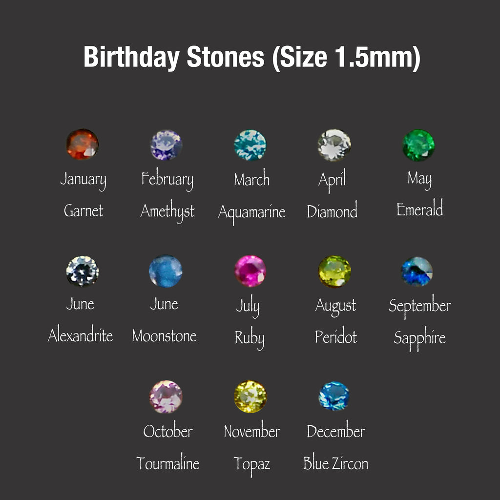 Chart titled Birthday Stones (Size 1.5mm) on a charcoal background: thirteen small round faceted coloured stones, each labelled with a month and a stone name, from January to December.
