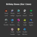Chart titled Birthday Stones (Size 1.5mm) on a charcoal background: thirteen small round faceted coloured stones, each labelled with a month and a stone name, from January to December.