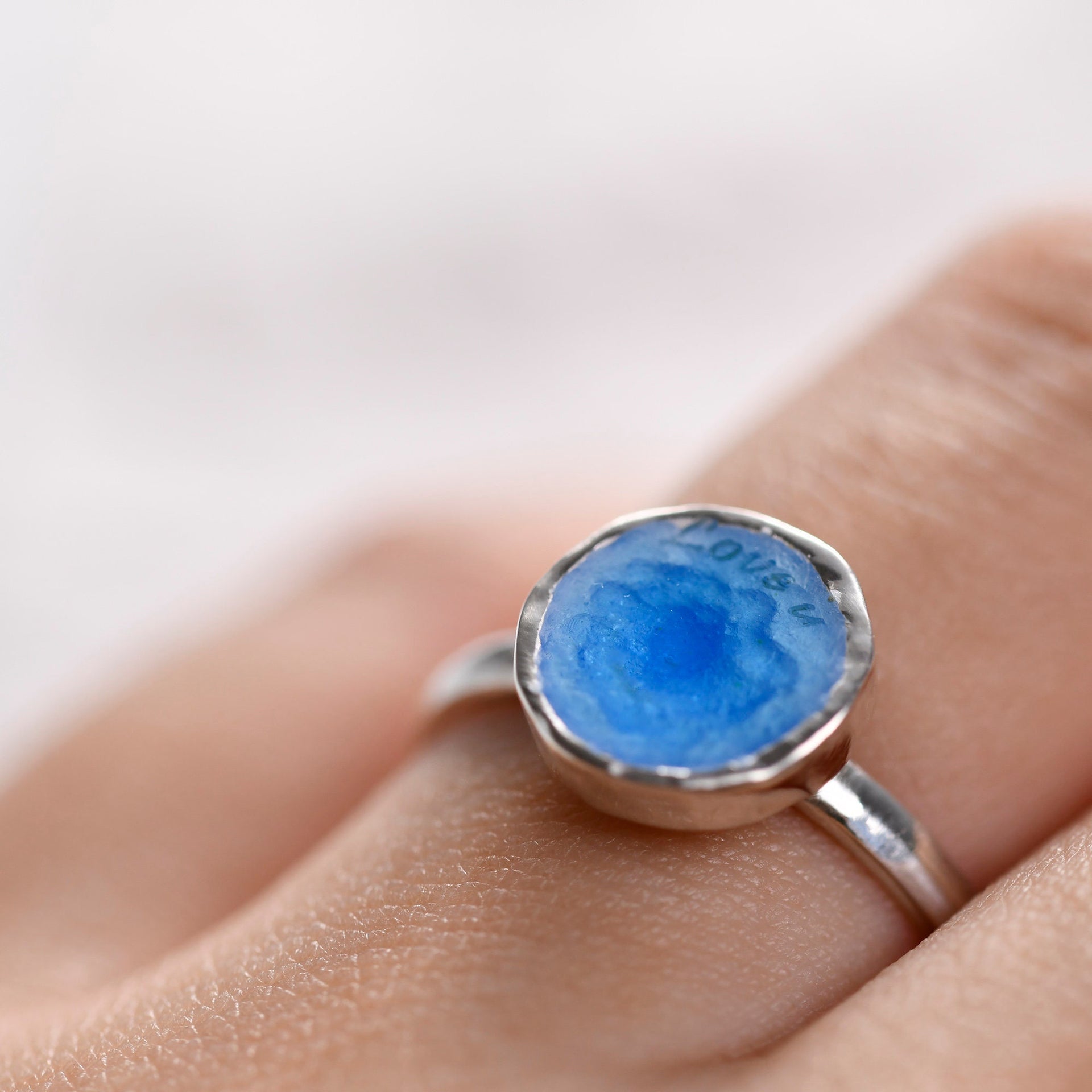 Personalized blue enamel ring with messages under the water, your promise ring for her engagement ring for Wedding