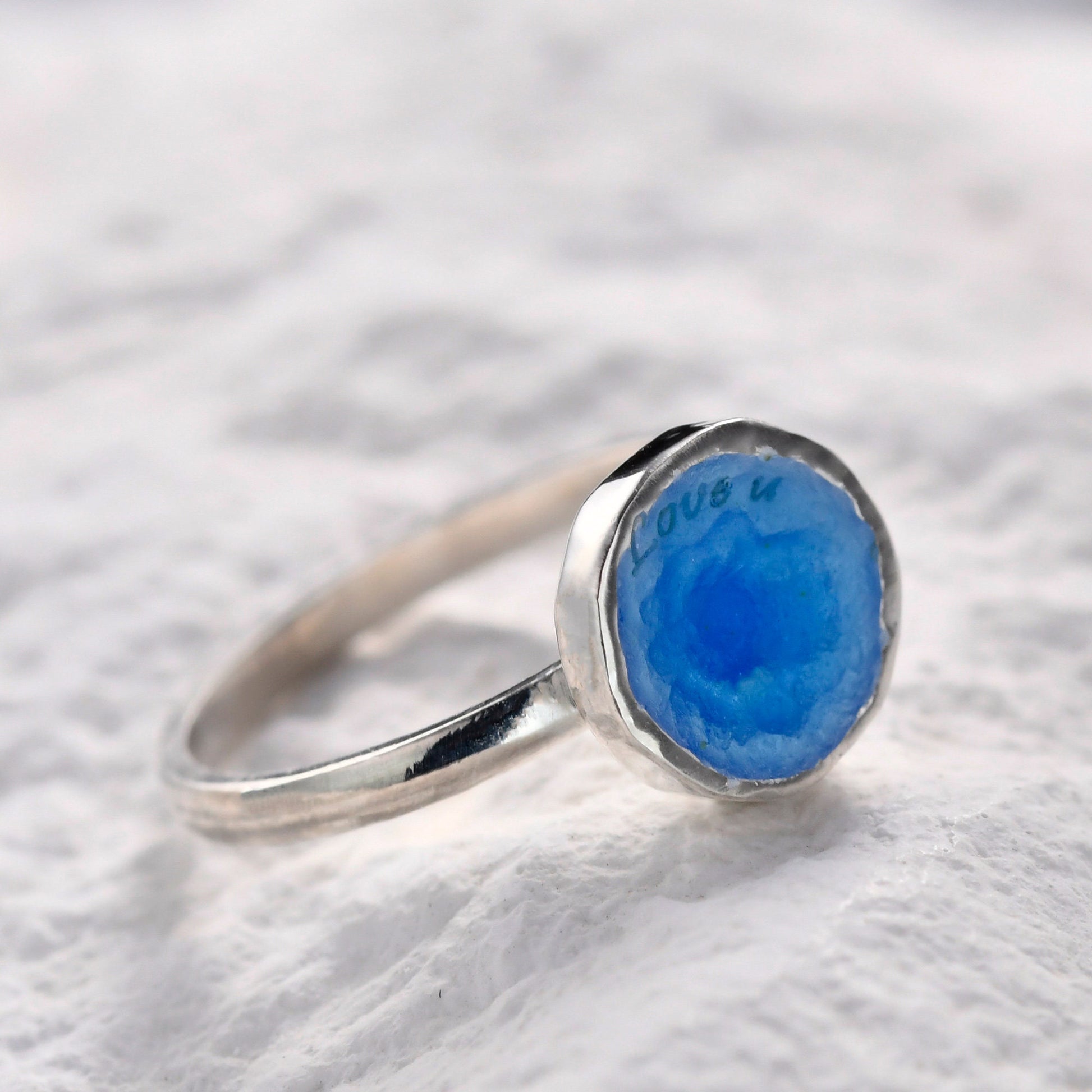 Personalized blue enamel ring with messages under the water, your promise ring for her engagement ring for Wedding