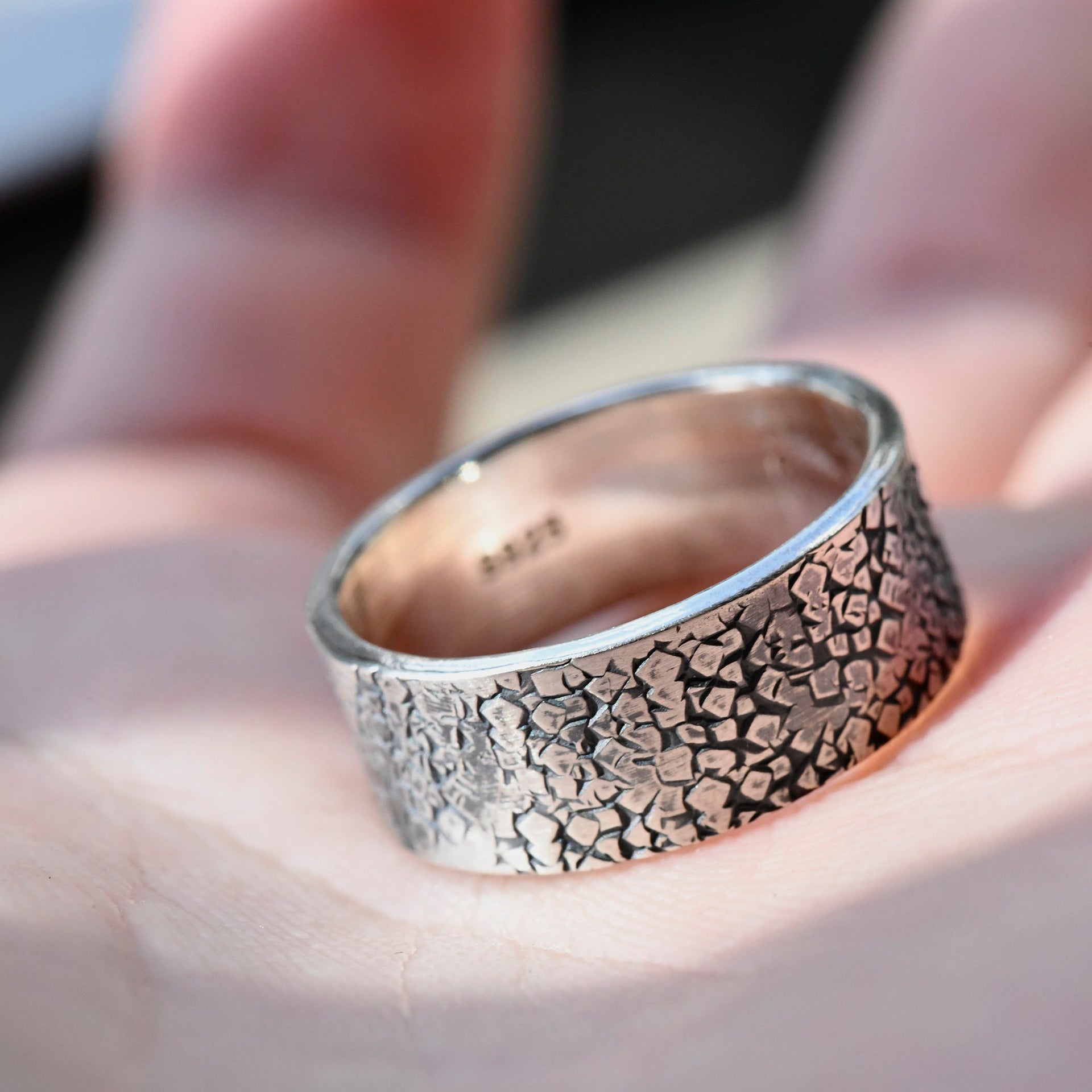 Personalized silver commitment ring with rugged handmade finish