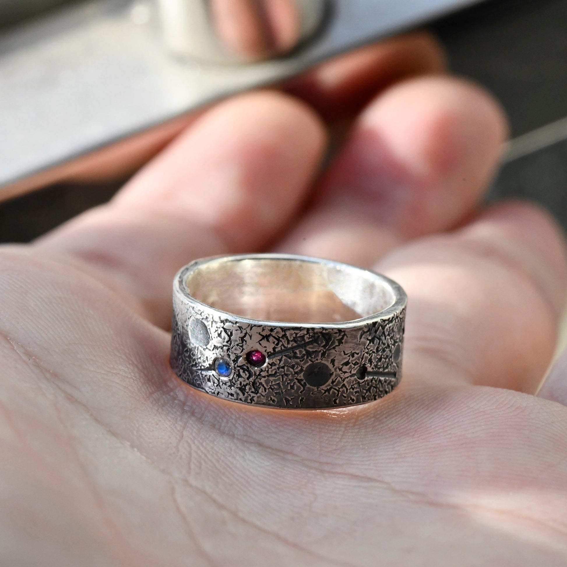 Personalized Birthstone Celestial Band/Viking Wedding Band/Celtic Ring/Moon and Star ring/Chunky rings/planet ring/Hand-Forged Ring