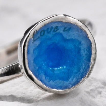 Personalized blue enamel ring with messages under the water, your promise ring for her engagement ring for Wedding