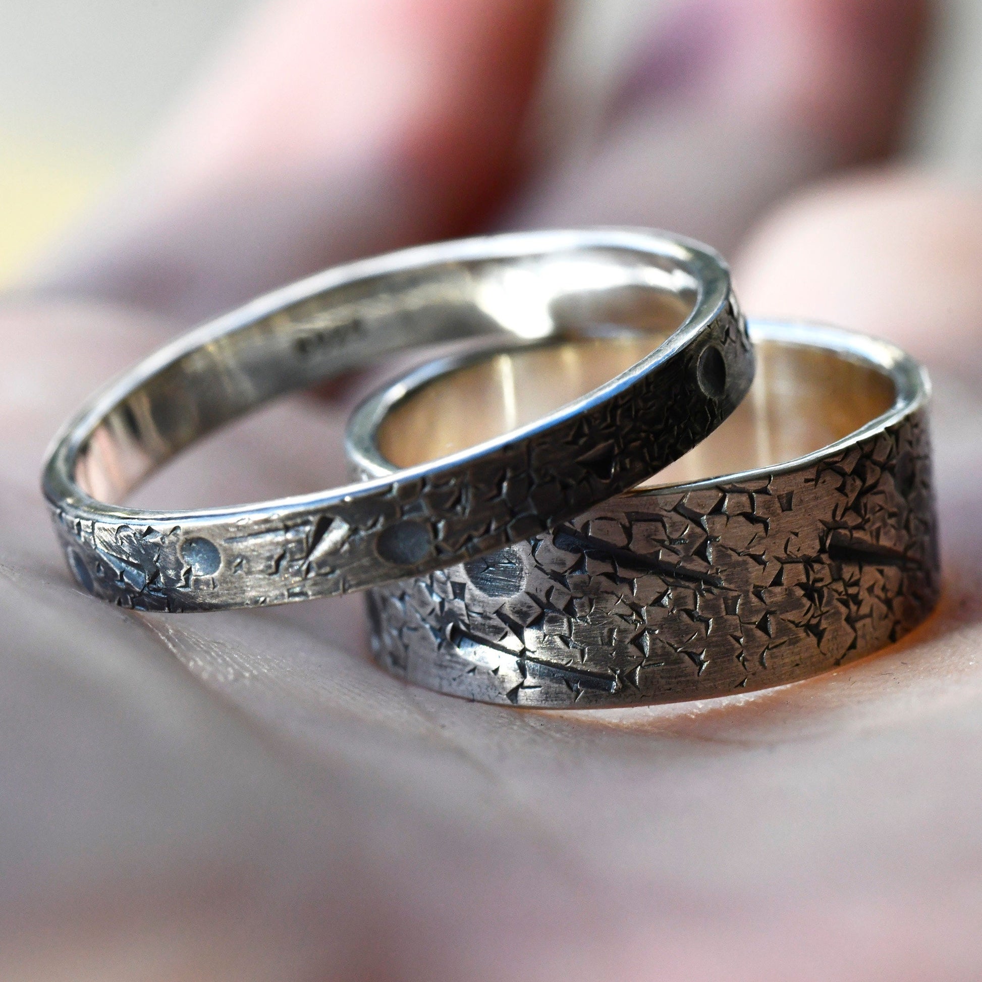 Personalized Couple Celestial Band Set/Viking Wedding Band/Planet ring/Rustic Engagement Ring/moon and star ring/Couple Ring Set/forged ring