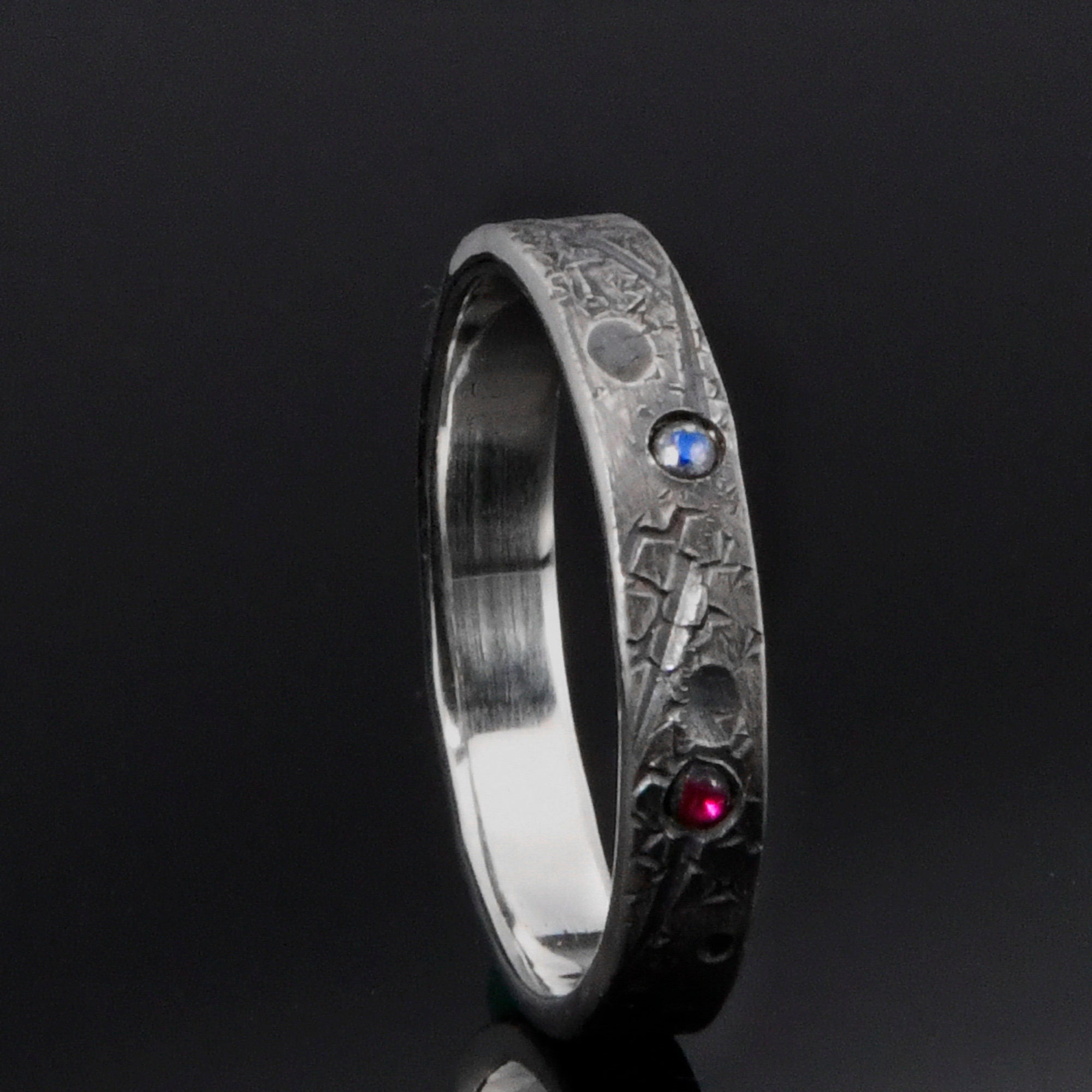 Personalized Birthstone Celestial Band | Viking Wedding & Celtic Ring | Rustic Hand Forged Moon and Star Engagement Ring
