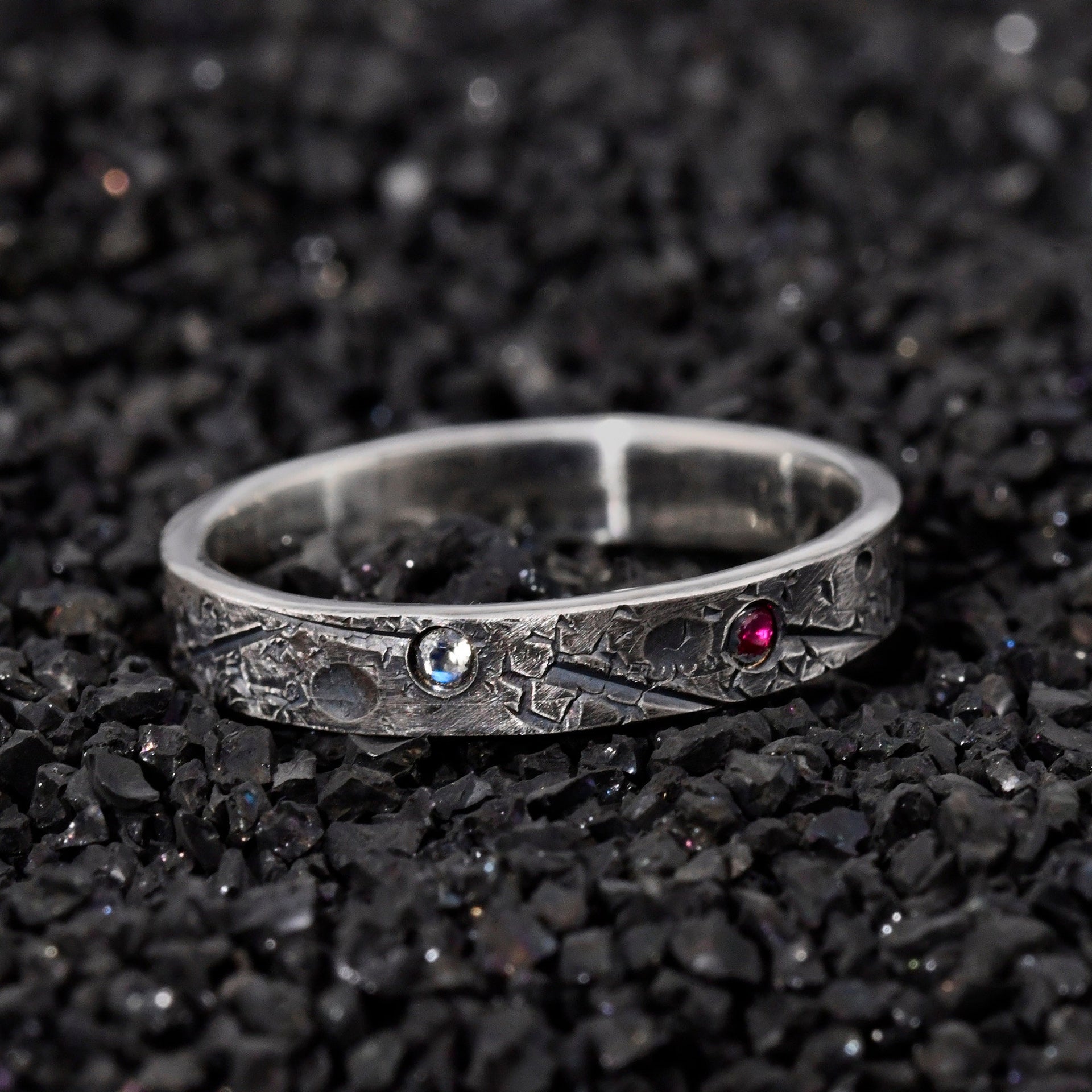 Personalized Birthstone Celestial Band | Viking Wedding & Celtic Ring | Rustic Hand Forged Moon and Star Engagement Ring