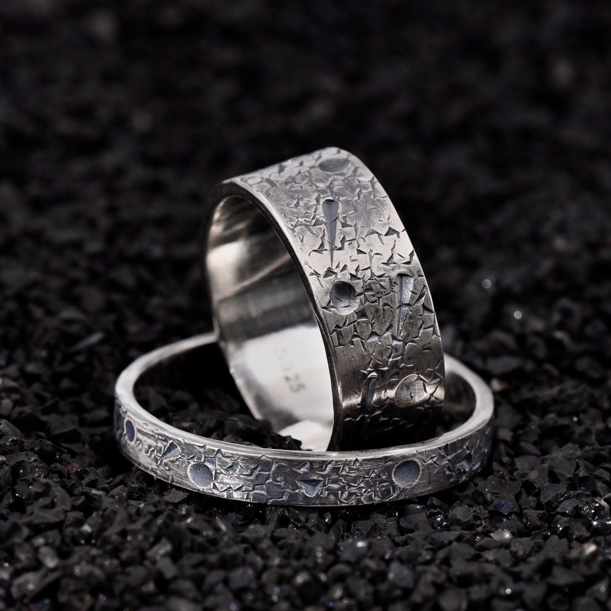 Personalized moon and star ring for couple ring set/Celestial Band/ Viking Wedding Band/Rustic Engagement Ring/Planet ring