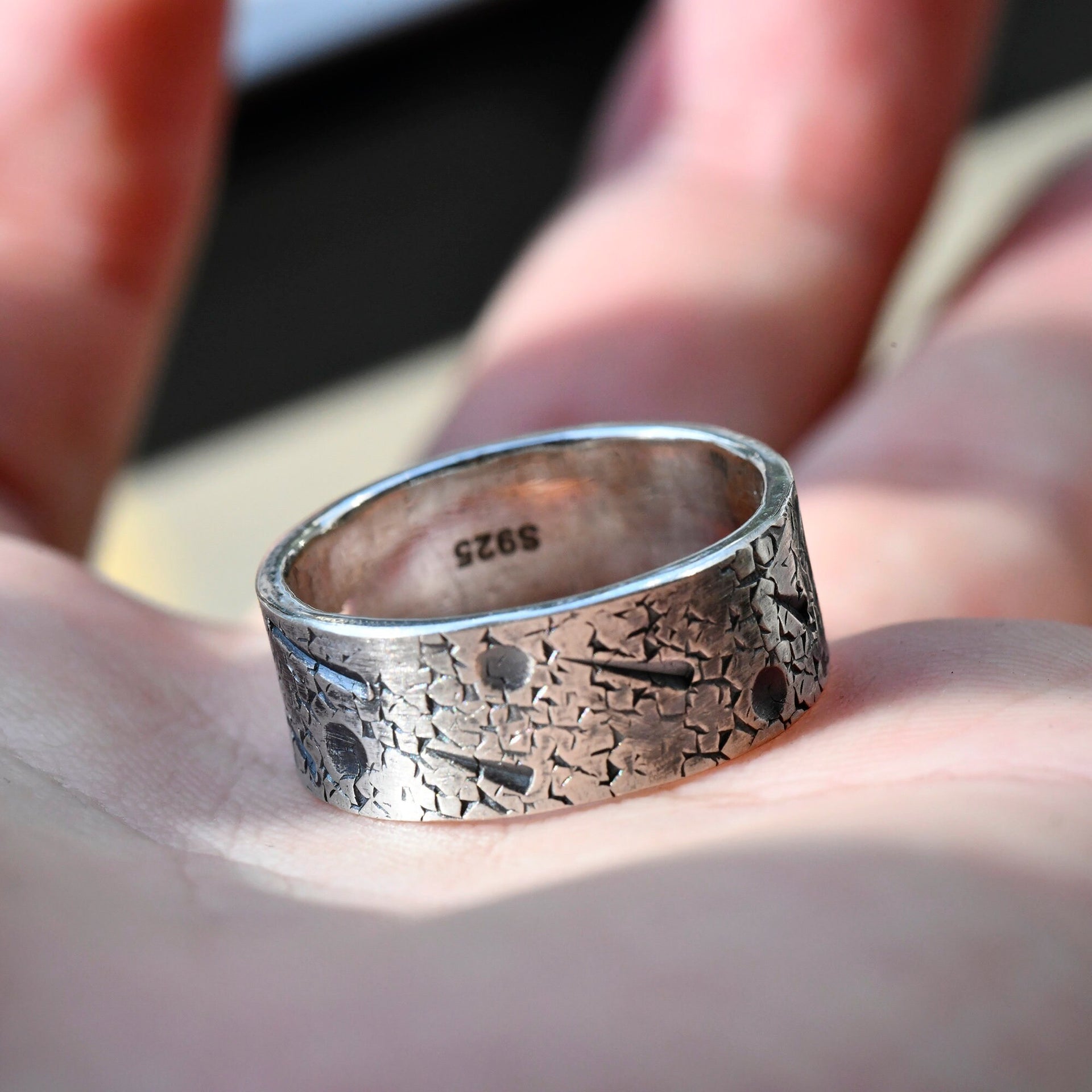 Handmade night sky ring with moon star motif and oxidized detail
