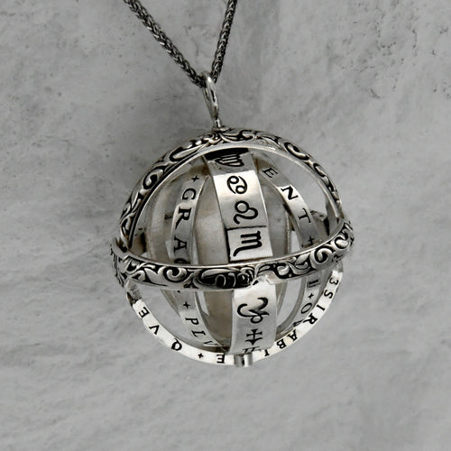 Personalized birthstone astronomical sphere necklace in sterling silver by YophieMade