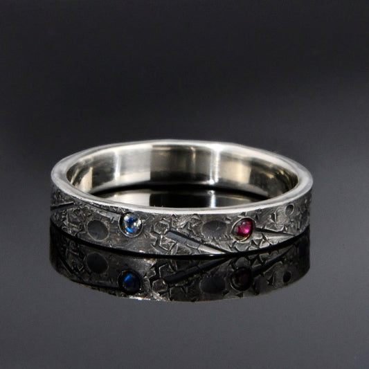 Personalized Birthstone Celestial Band | Viking Wedding & Celtic Ring | Rustic Hand Forged Moon and Star Engagement Ring