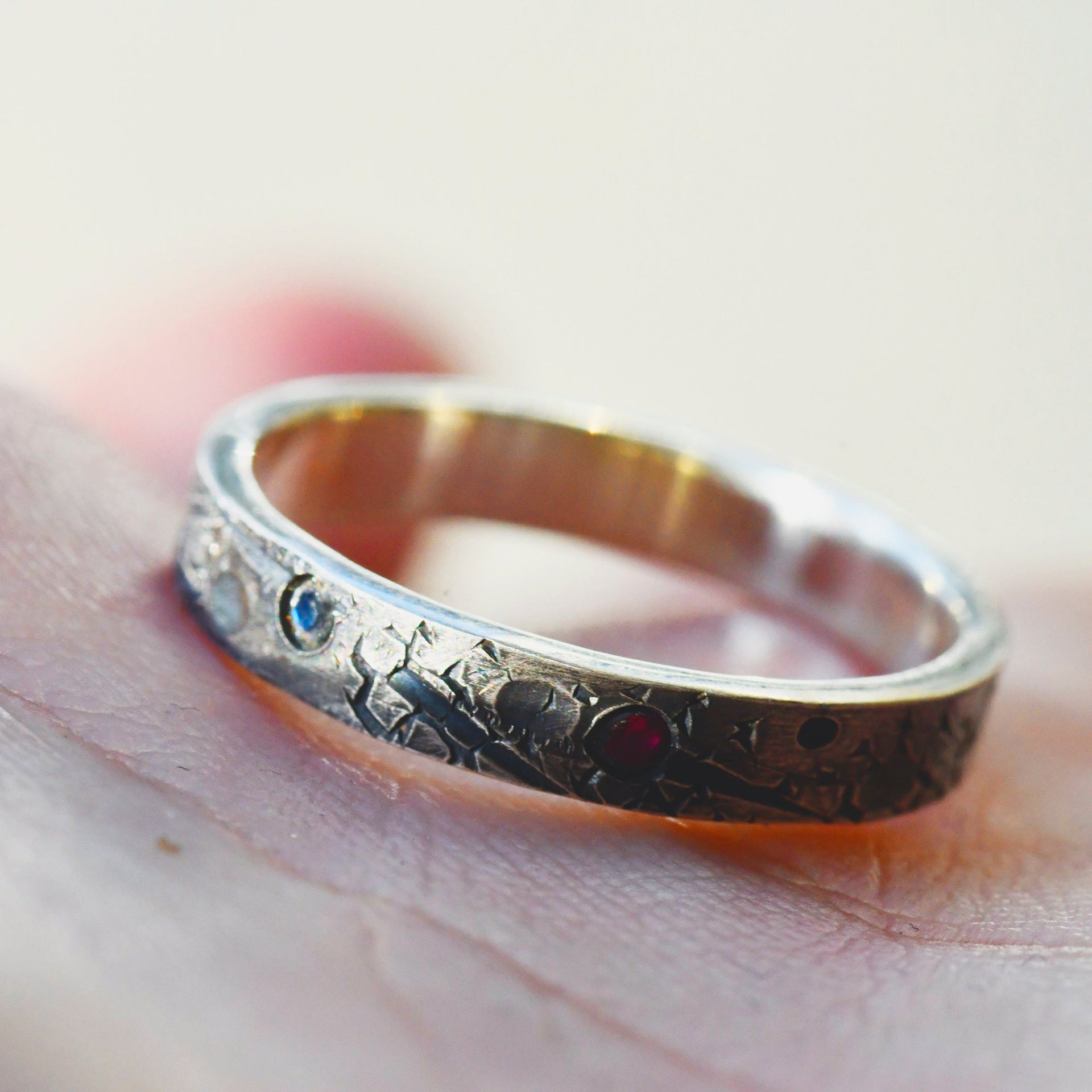 Personalized Birthstone Celestial Band | Viking Wedding & Celtic Ring | Rustic Hand Forged Moon and Star Engagement Ring