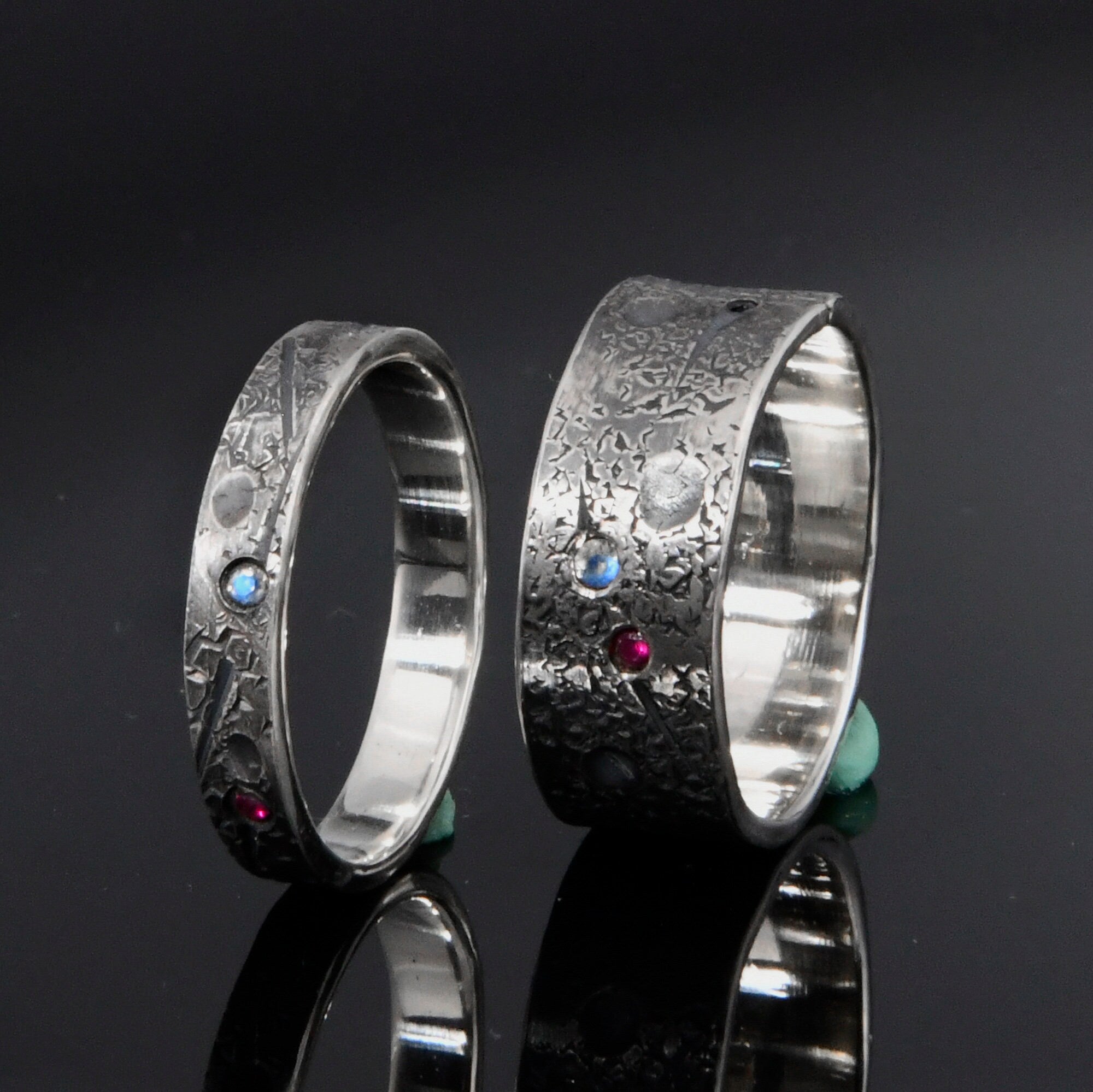 Personalized Birthstone Celestial Couple Ring Set/Viking Wedding/Rustic Engagement Ring /Family Birthstone Ring/Friendship ring