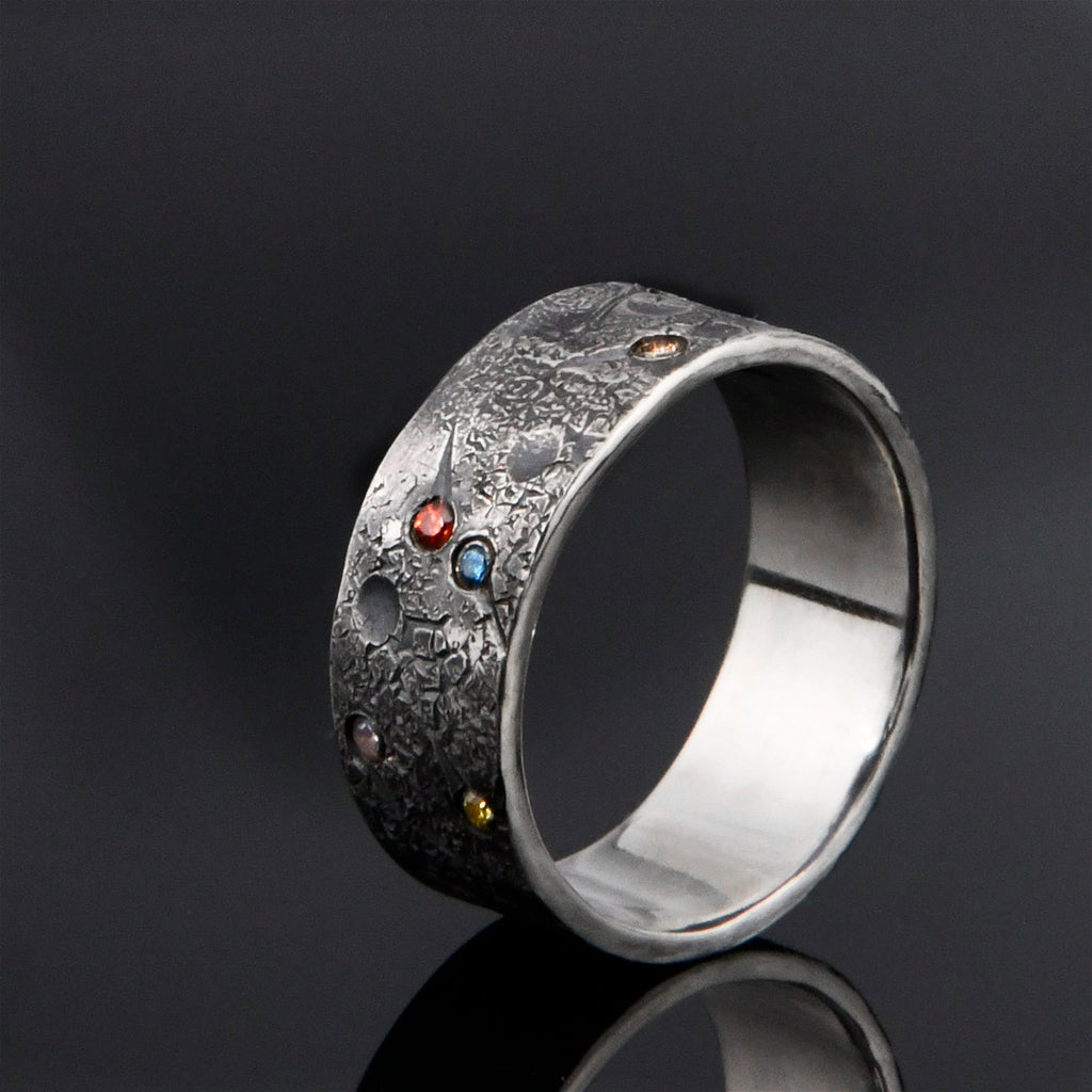Personalized Birthstone Planet Ring with 12 gems on it/Viking Wedding Band/Rustic Engagement Ring/Chunky rings/moon and star ring