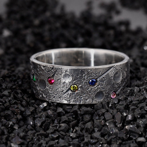 Personalized Birthstone Planet Ring with 12 gems on it/Viking Wedding Band/Rustic Engagement Ring/Chunky rings/moon and star ring