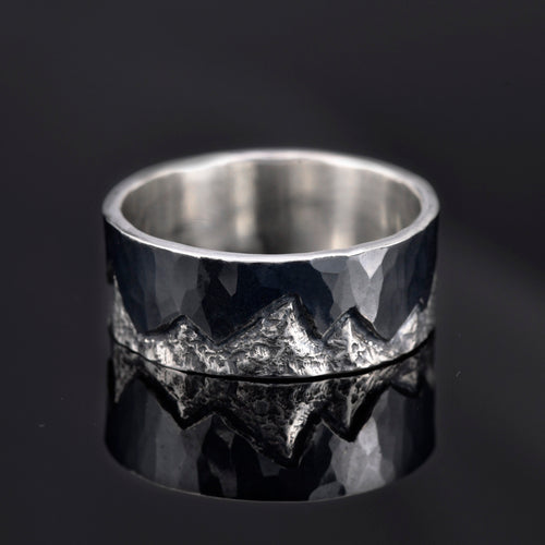 Black oxidized silver mountain range ring handmade by YophieMade