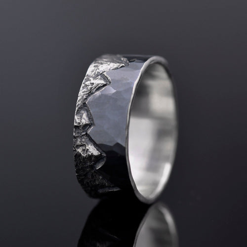 Dark sterling silver mountain ring with engraved landscape detail