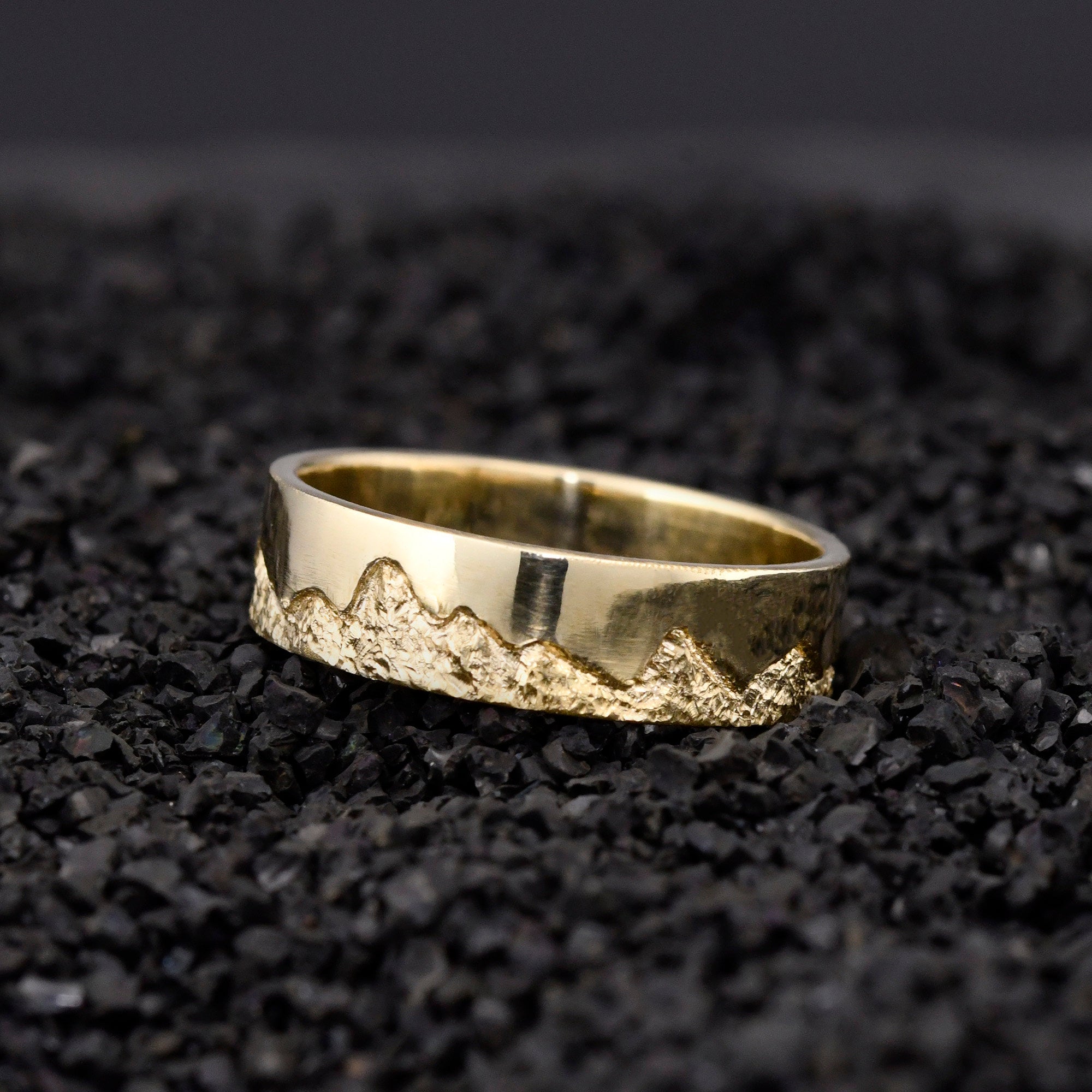 Customizable Hand-Carved 18K Gold Mountain Range Engraved Ring, Father and Nature Lovers Gift