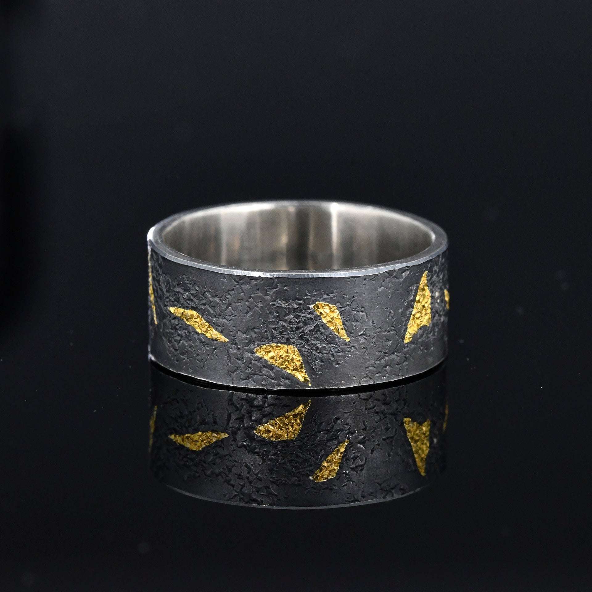 Personalized Black Silver gold leaf Rustic Engagement Ring, Mens Promise Ring, Hand Forged Ring, Viking Wedding Band, Chunky ring
