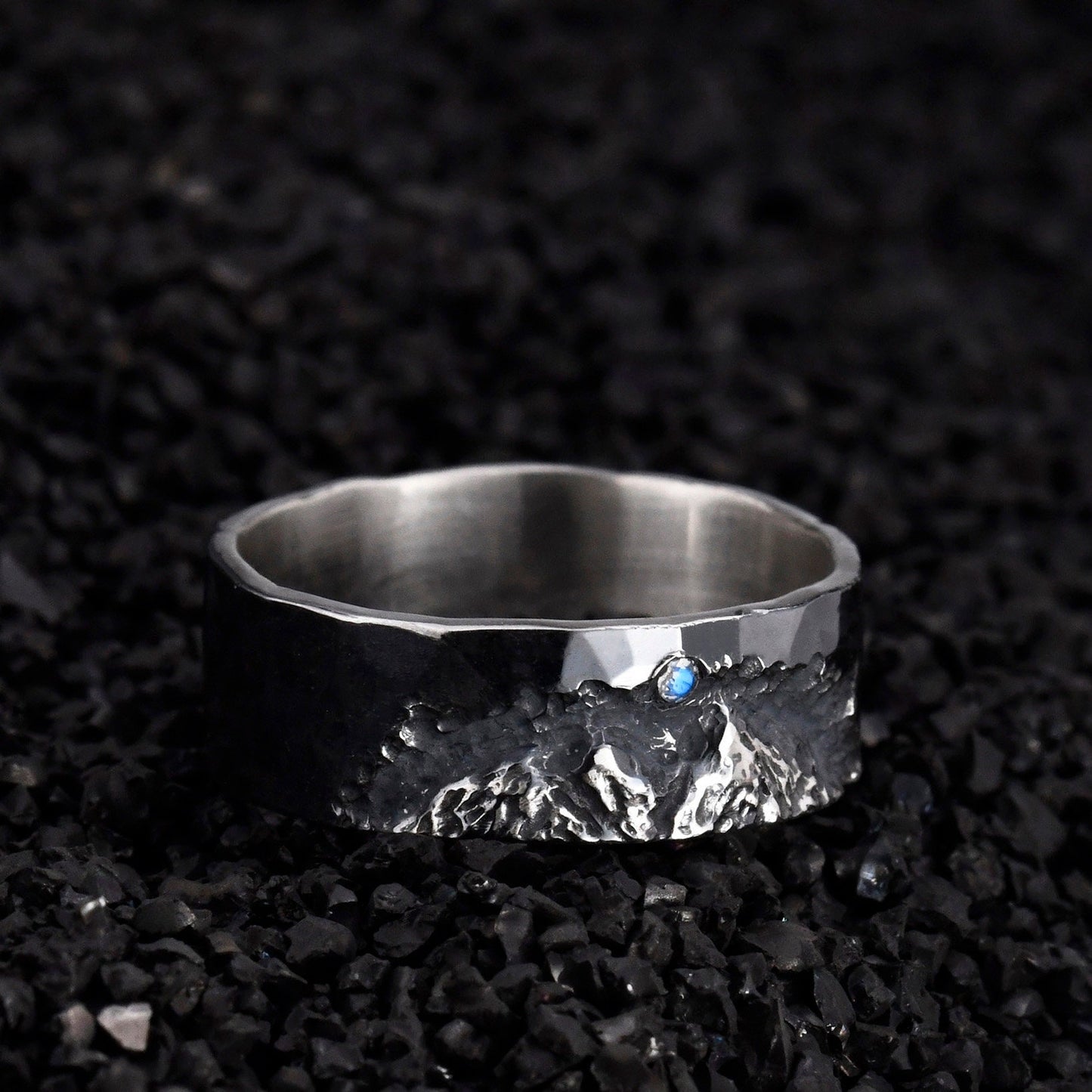 Personalized Mountain Ring With Moonstone hand-carved with S925/Viking Wedding Band/Moon and Mountain ring/Chunky Hand Forged Ring