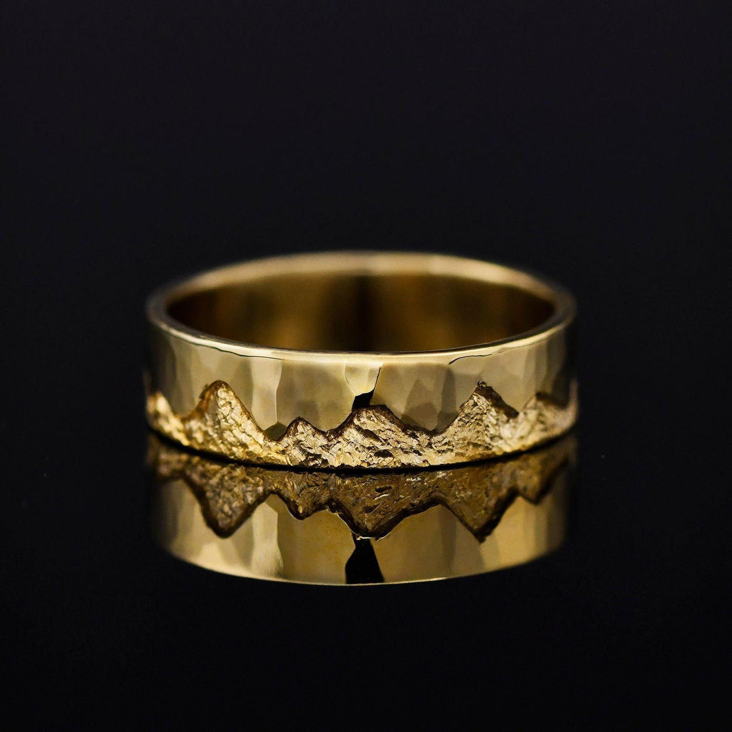 Customizable Hand-Carved 14K Gold Mountain Range Pattern Engraved Ring, Nature Lovers and Fathers Gift