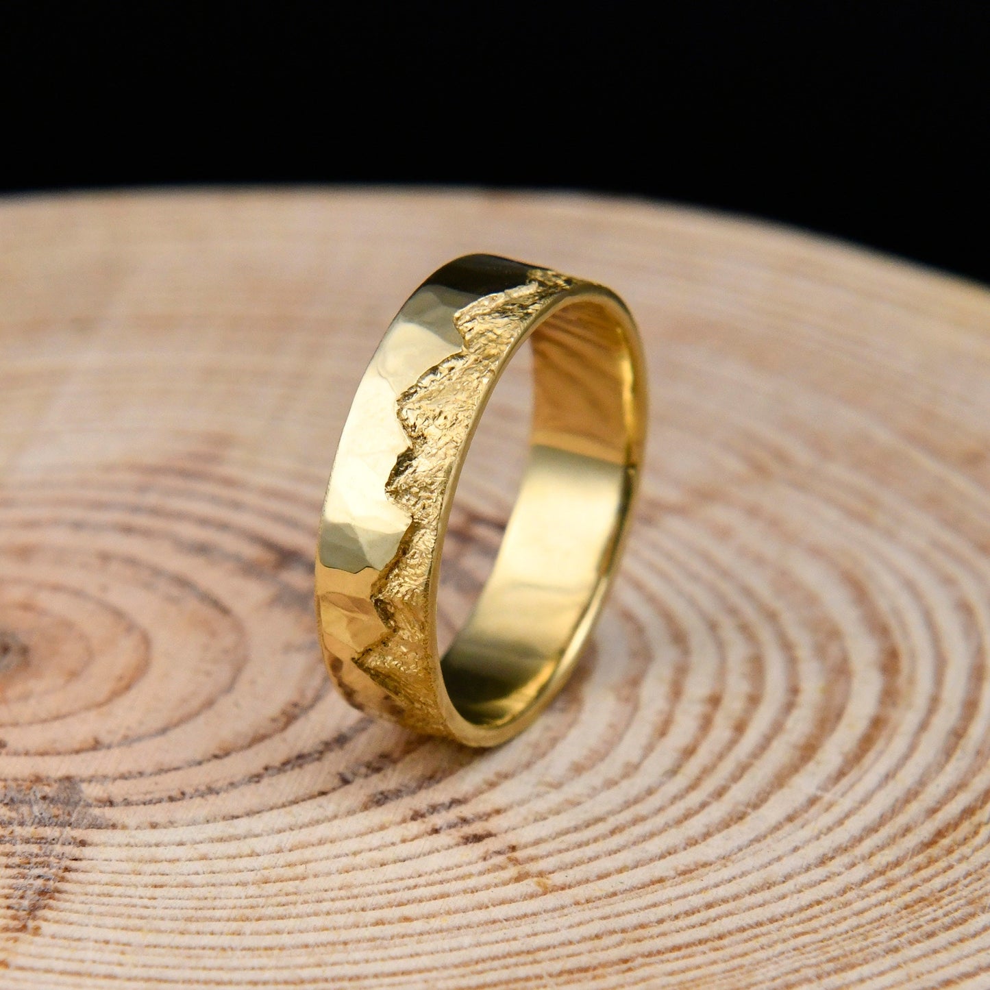 Customizable Hand-Carved 14K Gold Mountain Range Pattern Engraved Ring, Nature Lovers and Fathers Gift