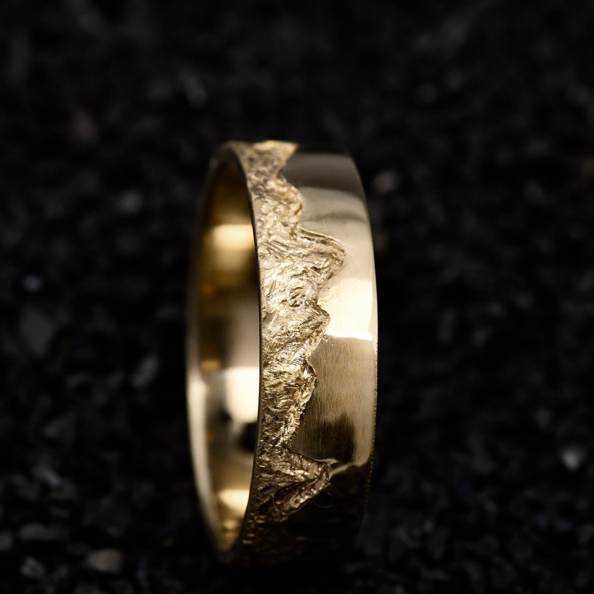 Hand carved 18K solid gold mountain keepsake ring packaged as a meaningful gift