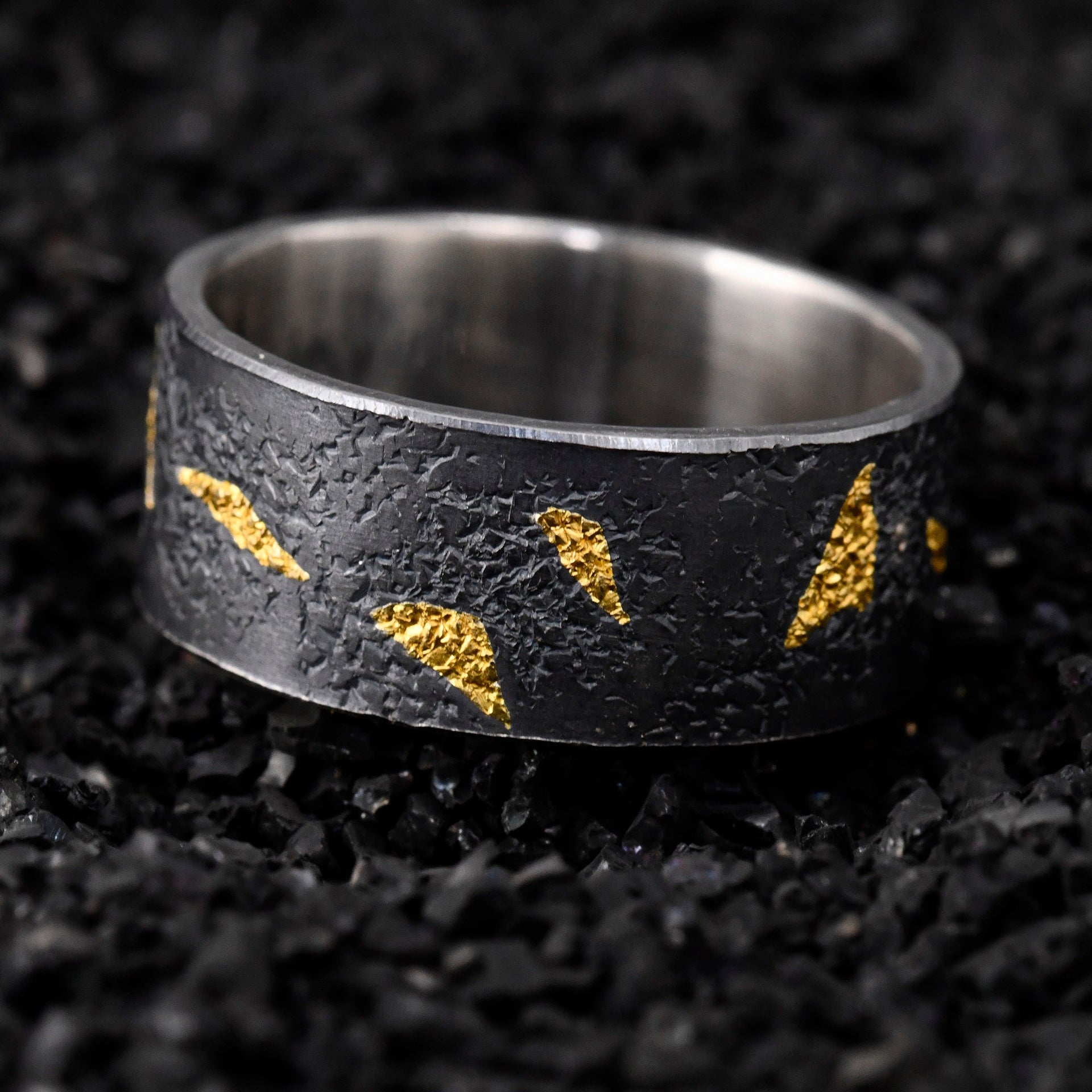 Personalized Black Silver gold leaf Rustic Engagement Ring, Mens Promise Ring, Hand Forged Ring, Viking Wedding Band, Chunky ring