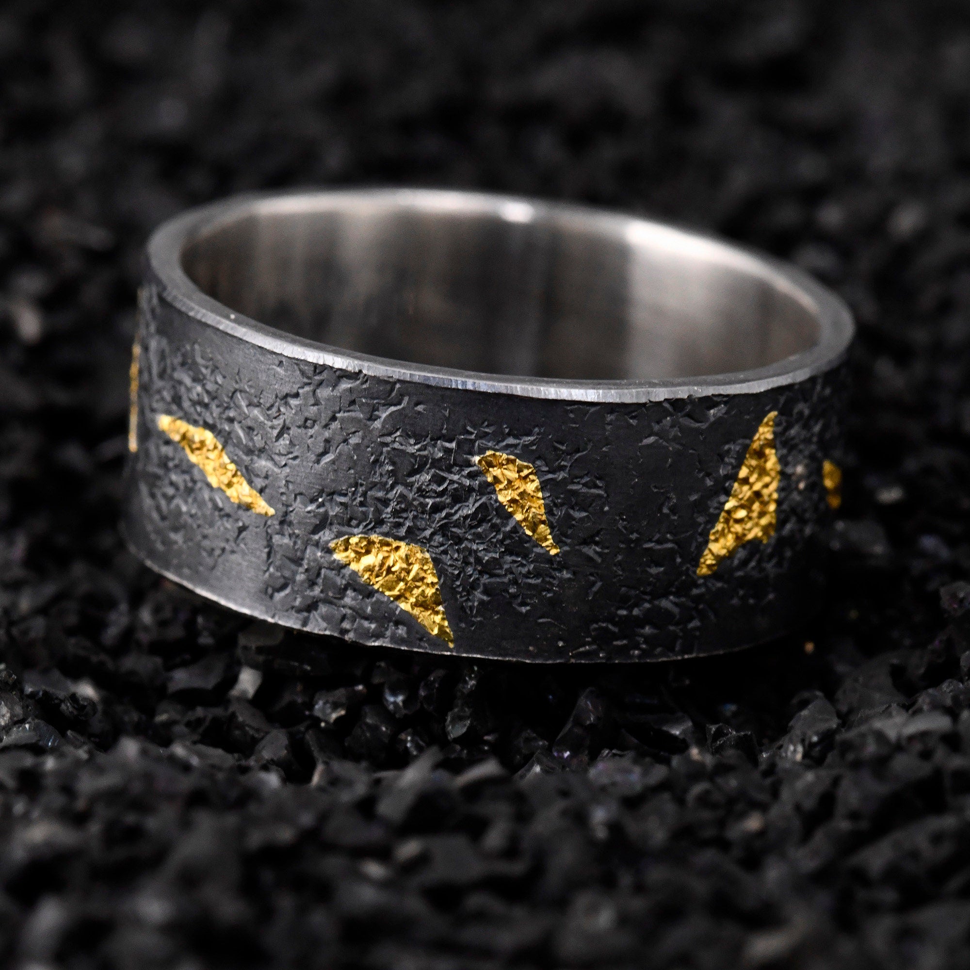 Personalized Black Silver gold leaf Rustic Engagement Ring, Mens Promise Ring, Hand Forged Ring, Viking Wedding Band, Chunky ring