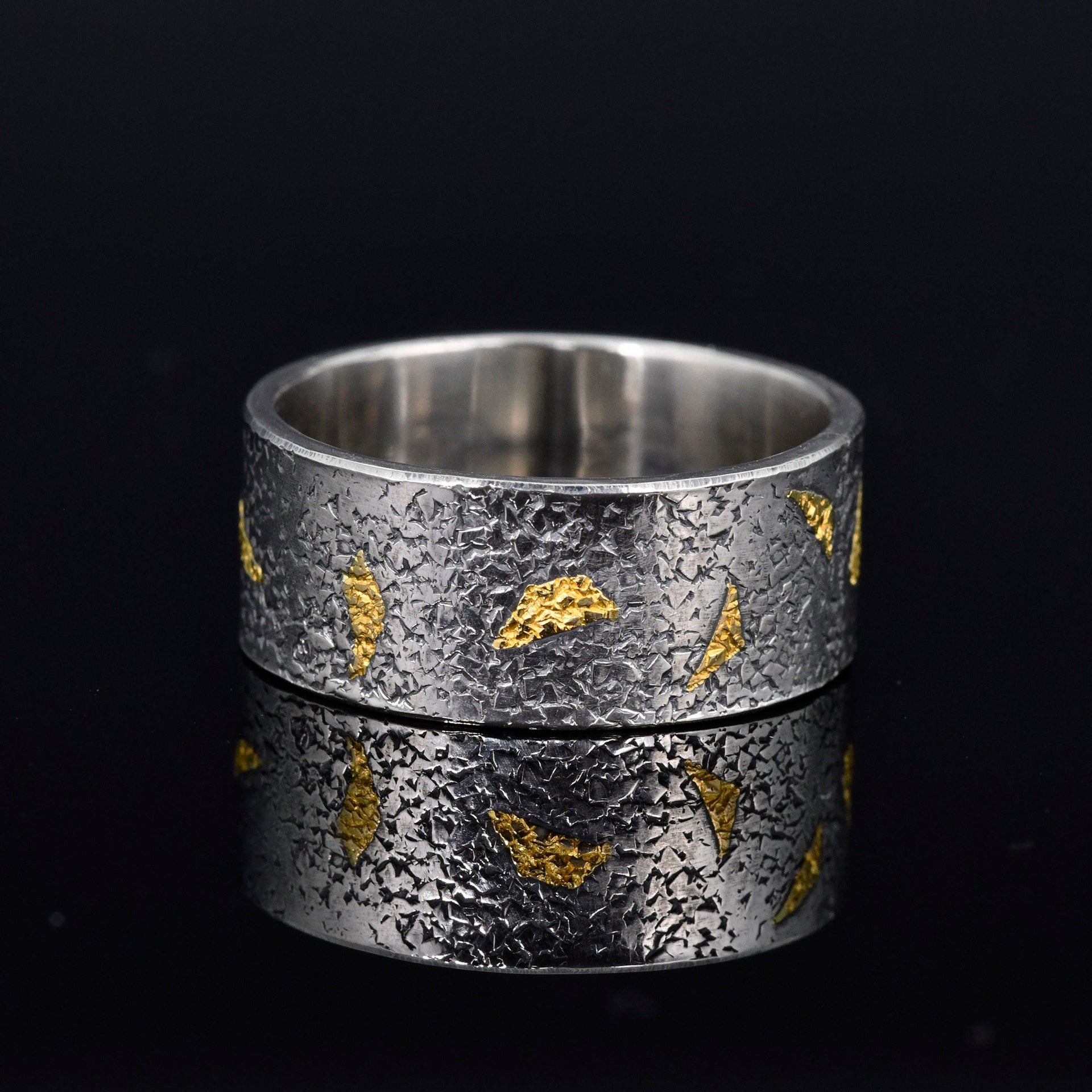 Sliver with gold leaf Engagement Ring, Mens Promise Ring, Hand Forged Ring, Viking Wedding Band, Chunky ring