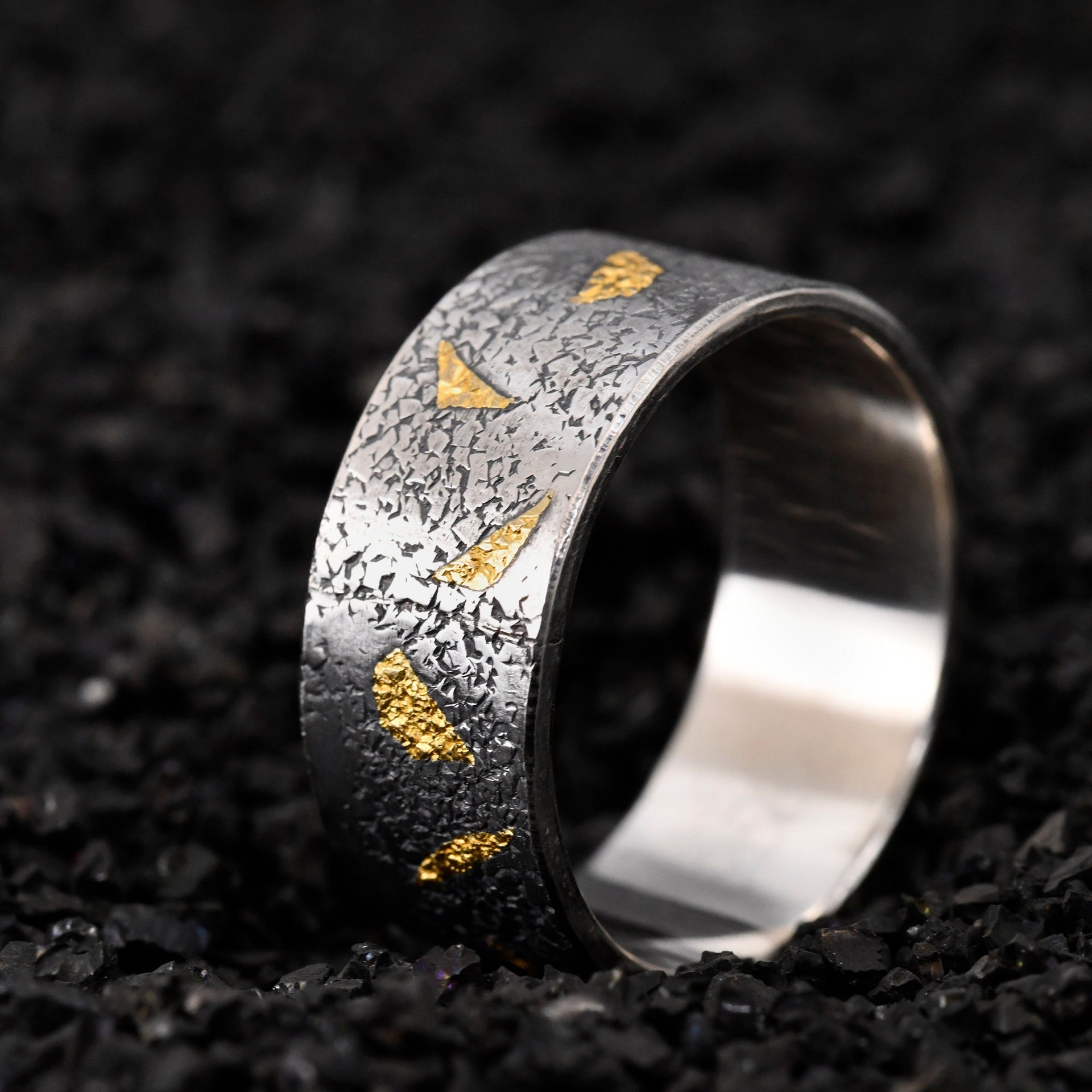Sliver with gold leaf Engagement Ring, Mens Promise Ring, Hand Forged Ring, Viking Wedding Band, Chunky ring